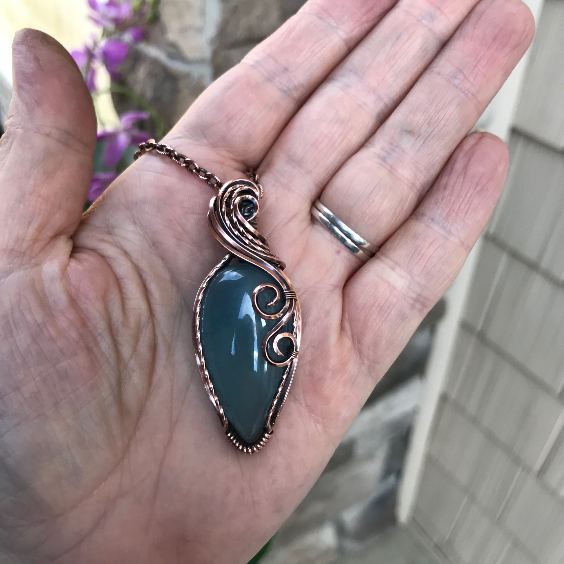 Aquamarine Teardrop Swirly Copper Pendant