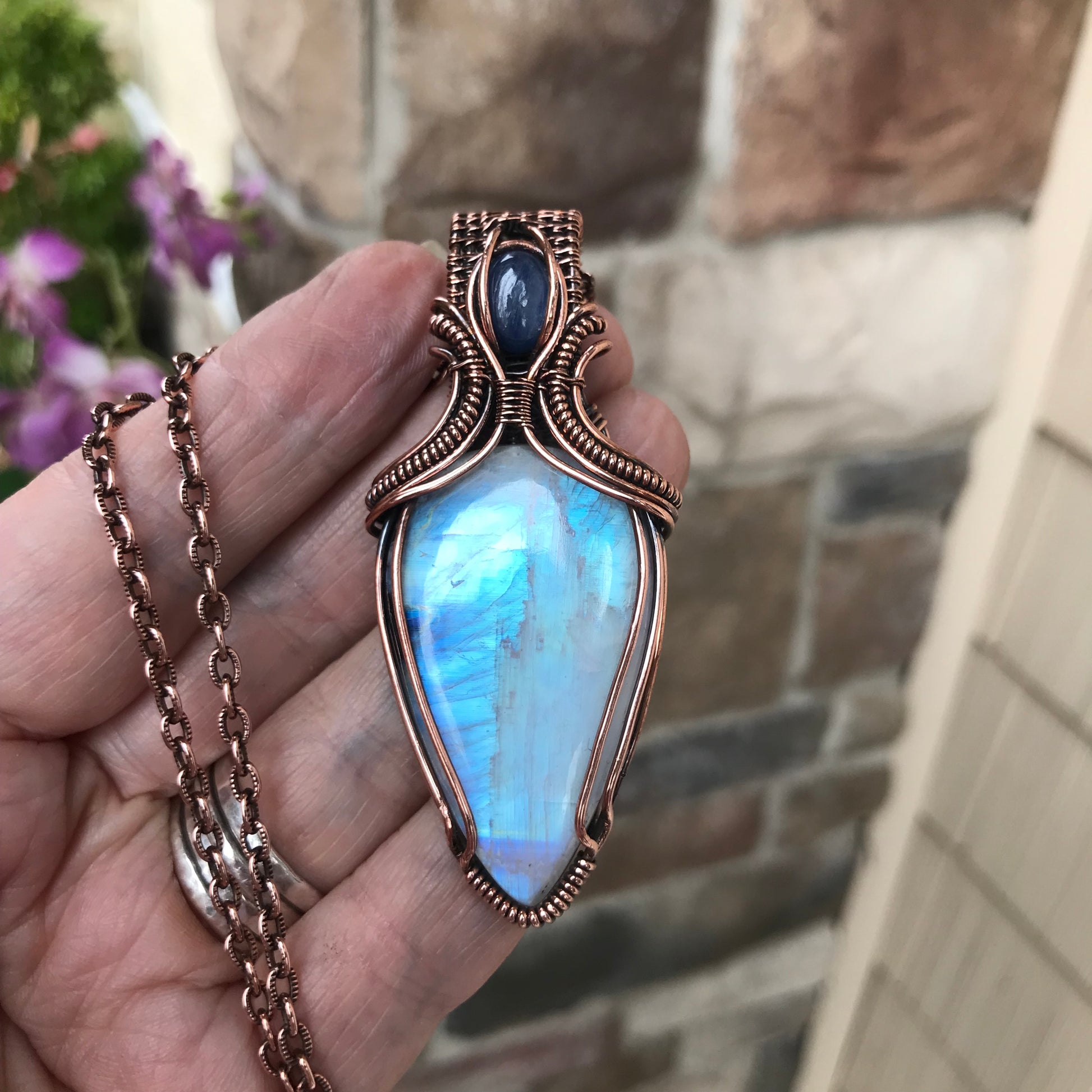 RESERVED - Rainbow Moonstone w/Black Tourmaline & Kyanite Copper Pendant