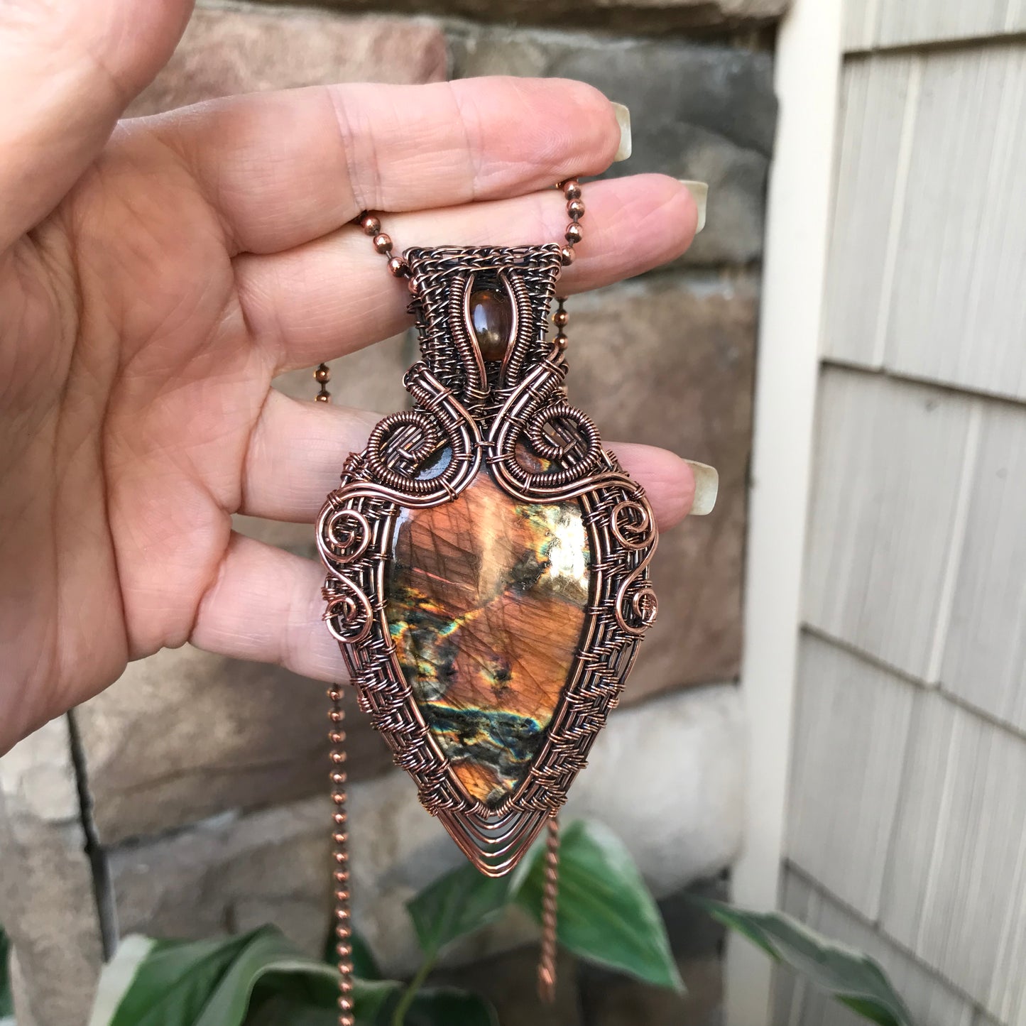 Golden Brown Labradorite & Amber Wire Weave Copper Pendant