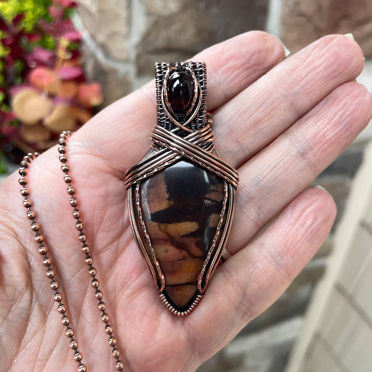 Biggs Jasper & Garnet Copper Pendant with Weaving