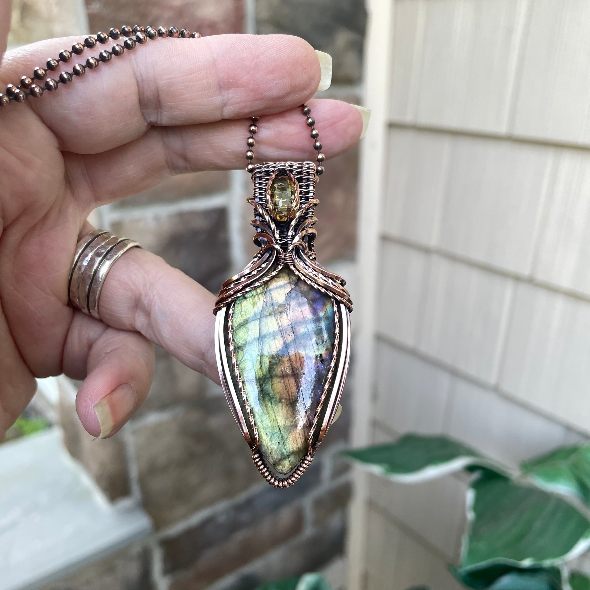 Green Yellow Orange Labradorite & Citrine Copper Necklace with Woven Bail