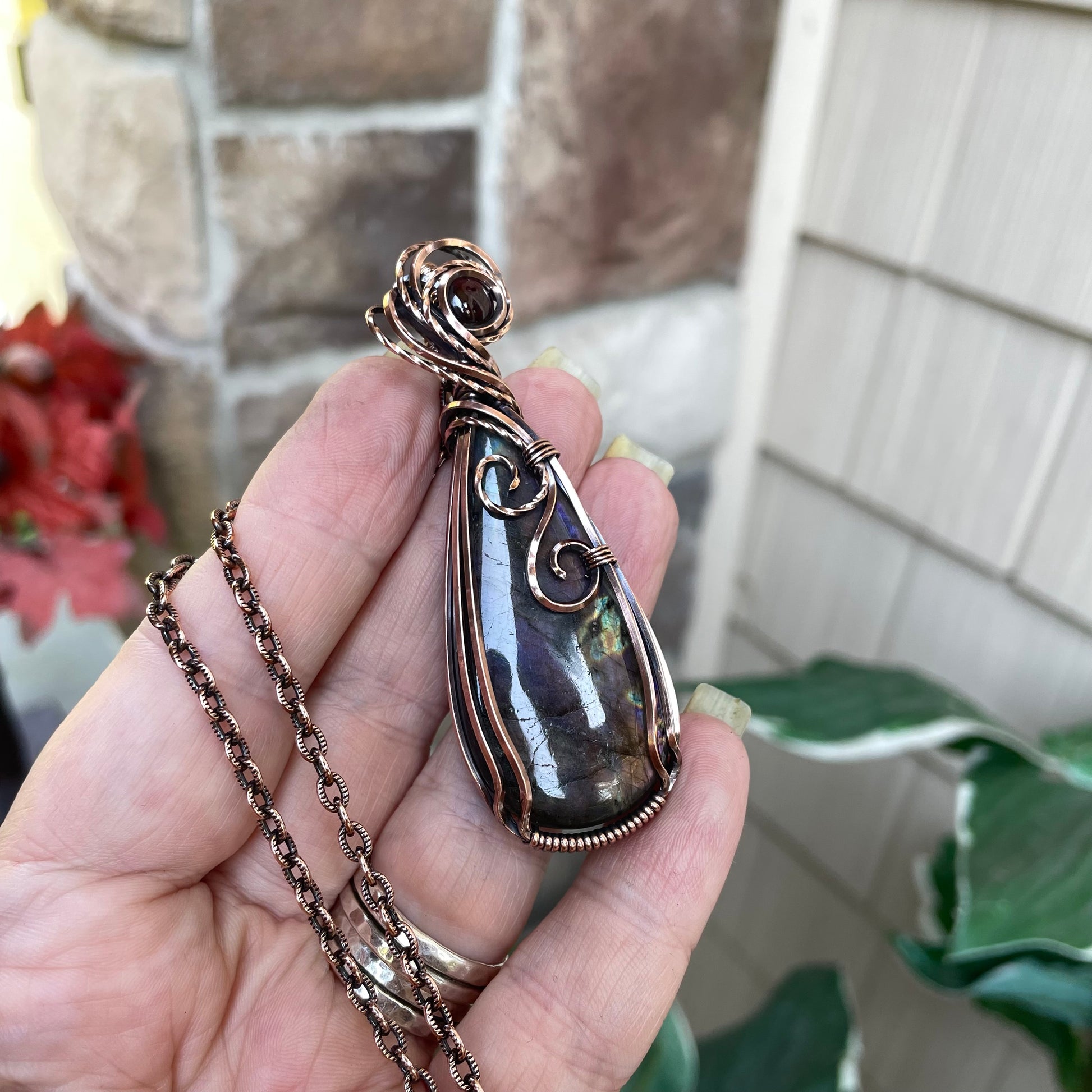 Purple Orange Labradorite & Garnet Copper Pendant
