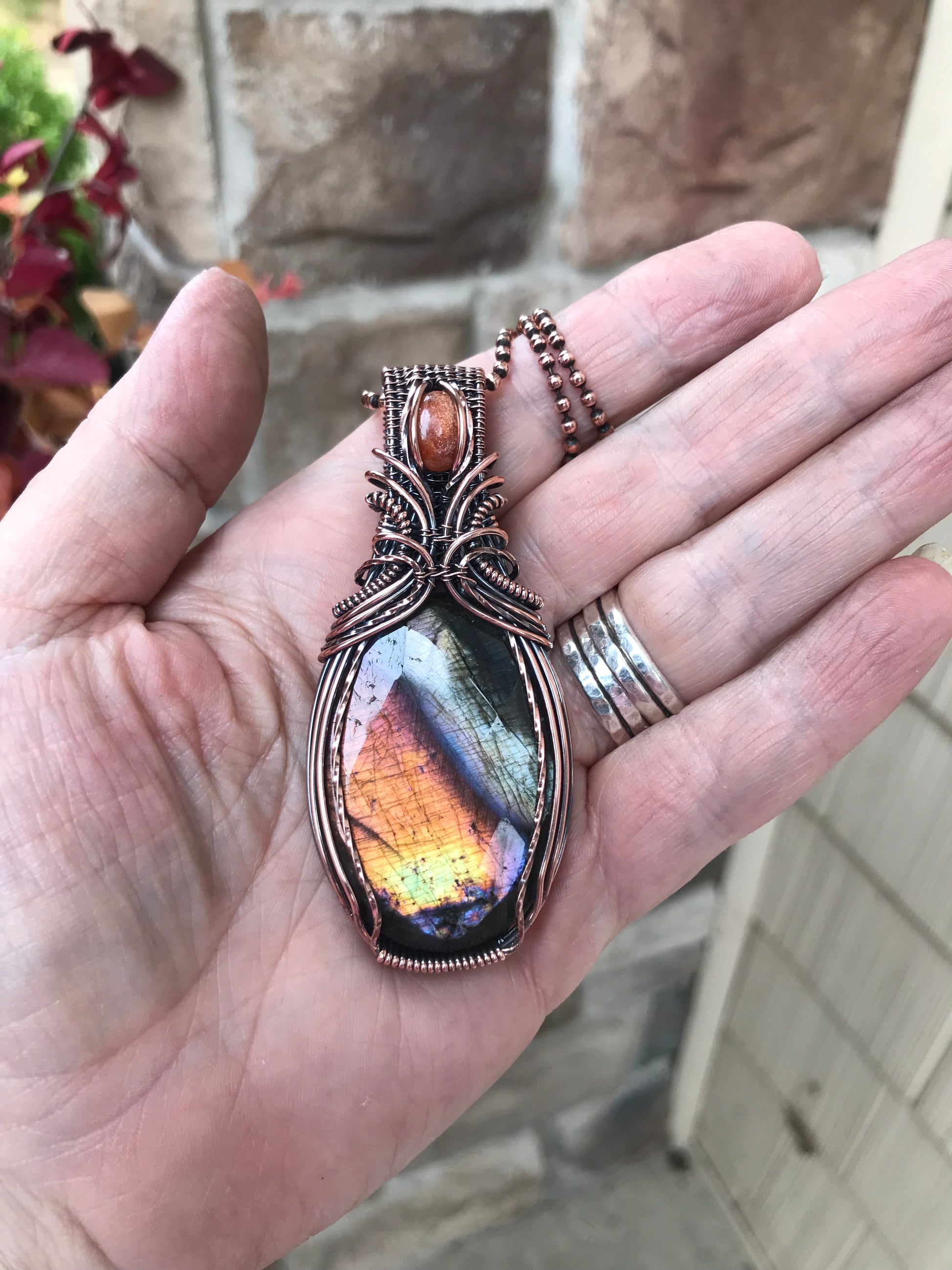 Yellow Amber Labradorite & Sunstone Copper Necklace with Weaving