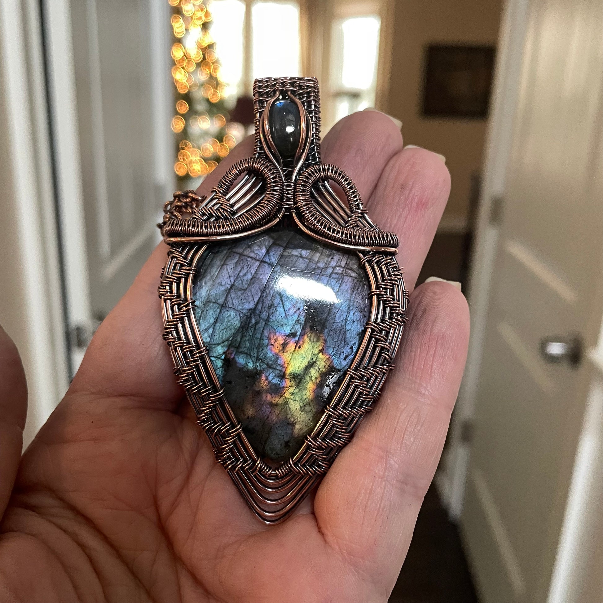 Blue Purple Labradorite Woven Copper Pendant