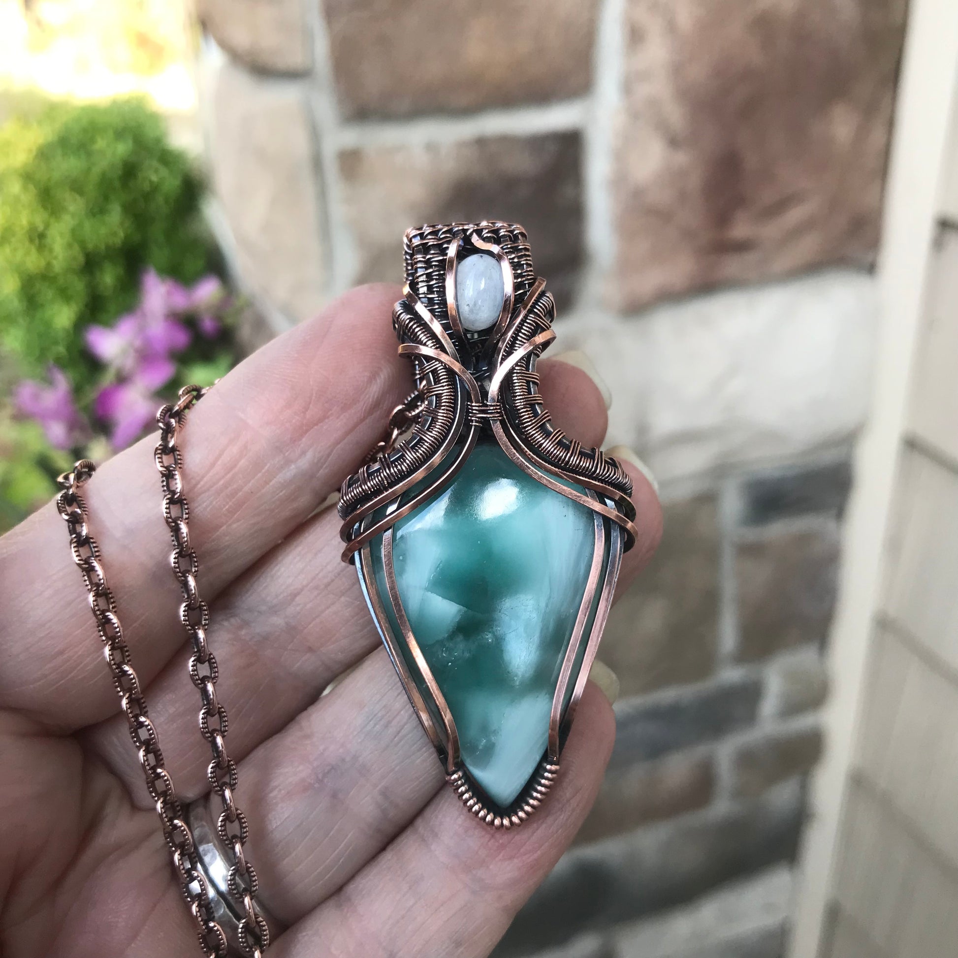 RESERVED FOR K - Hemimorphite & Moonstone Copper Pendant with Weaving