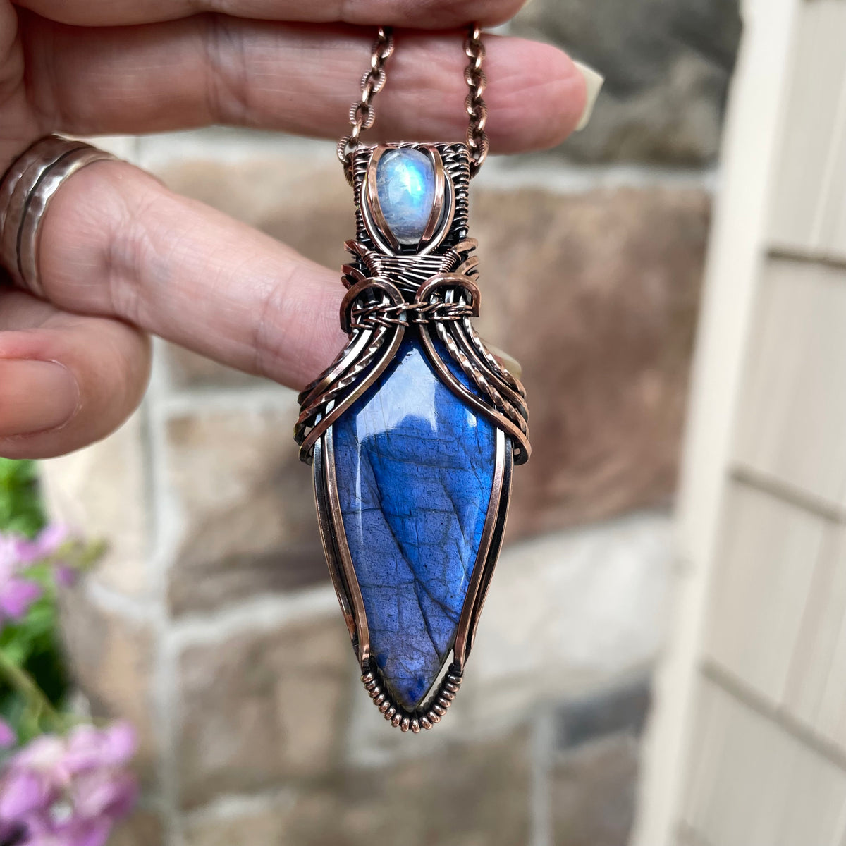 Blue Labradorite & Moonstone Copper Pendant with Weaving