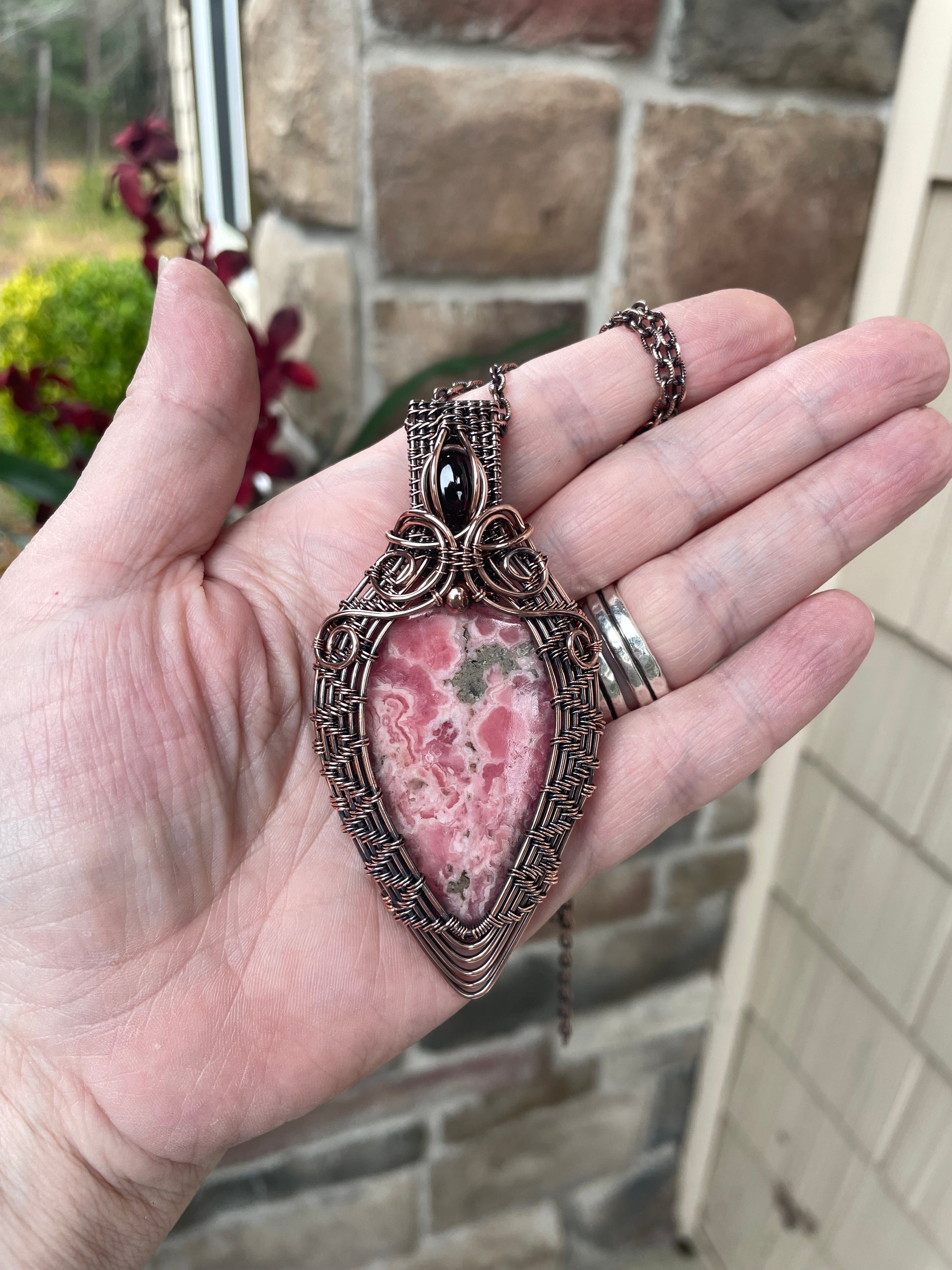 Rhodochrosite & Garnet Woven Copper Pendant