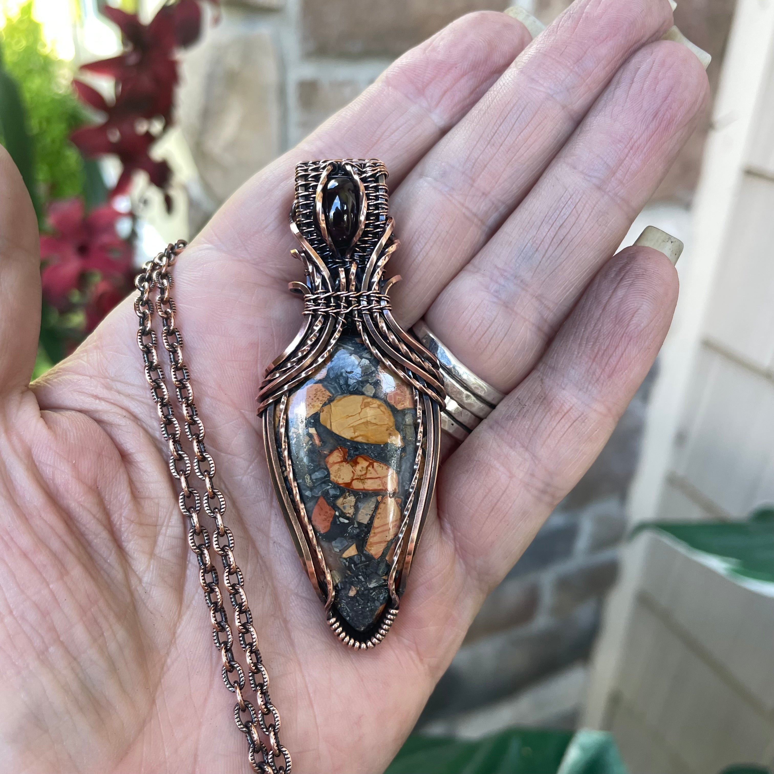 Maligano Jasper & Garnet Copper Pendant with Weaving