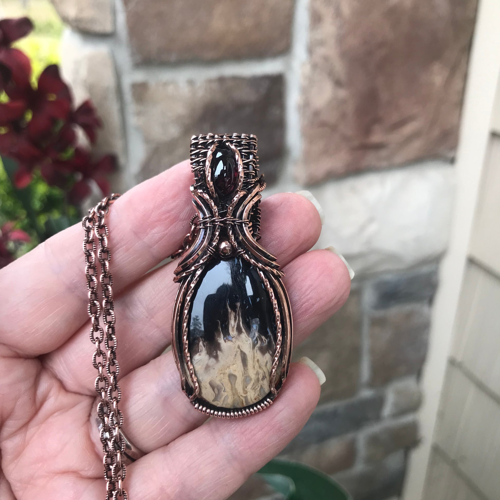 Petrified Palm Wood & Garnet Copper Necklace