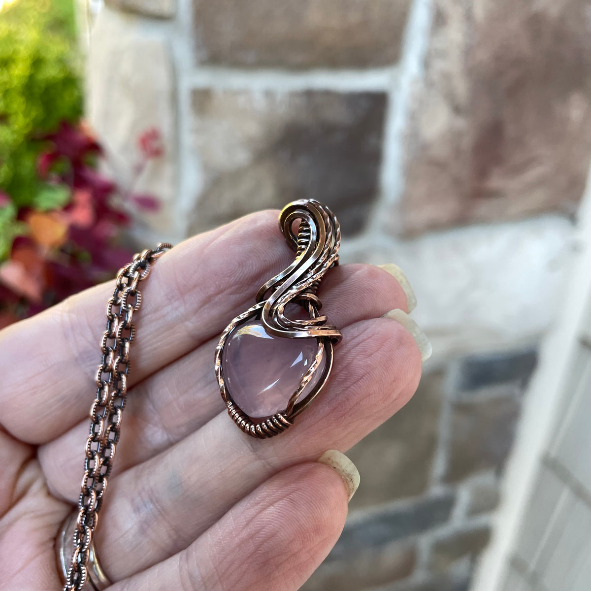 Rose Quartz Small Copper Heart Necklace