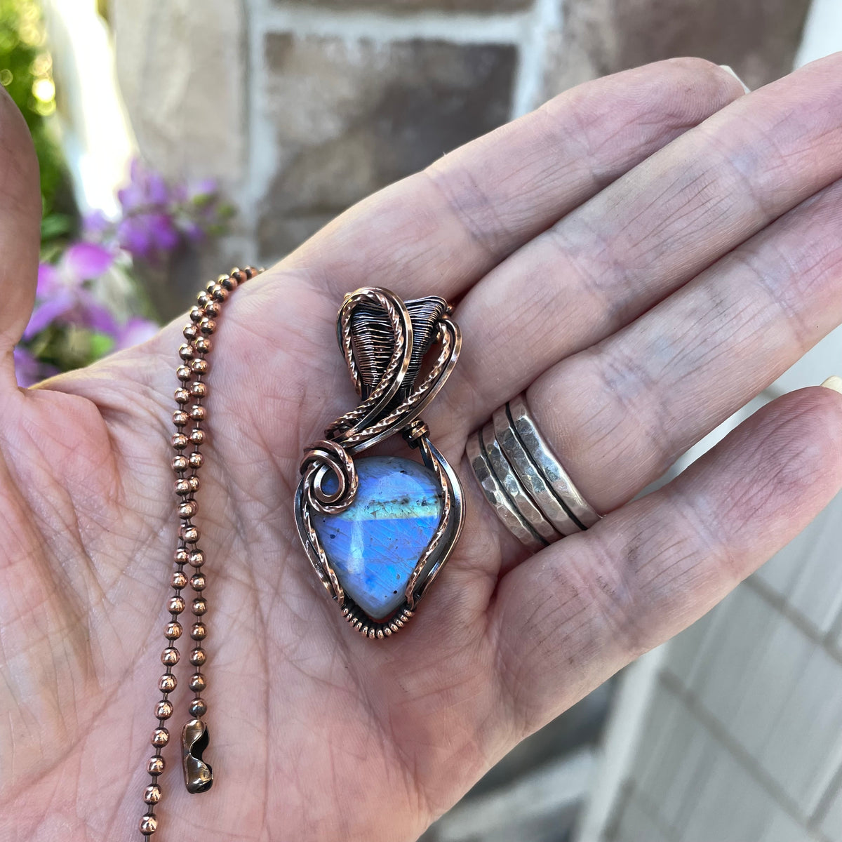 Blue Moonstone with Tourmaline Flecks Copper Pendant