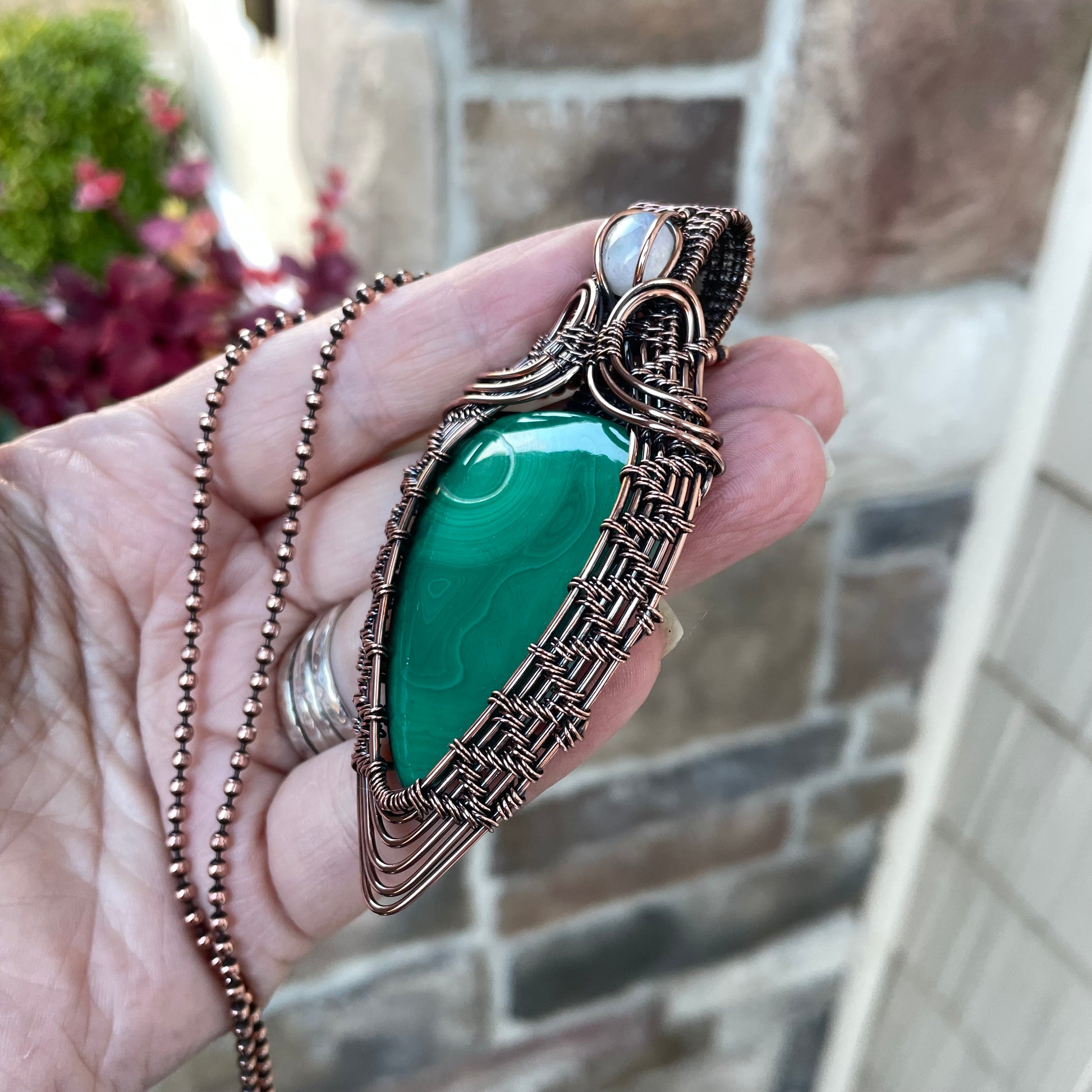 Malachite & Moonstone Woven Copper Pendant