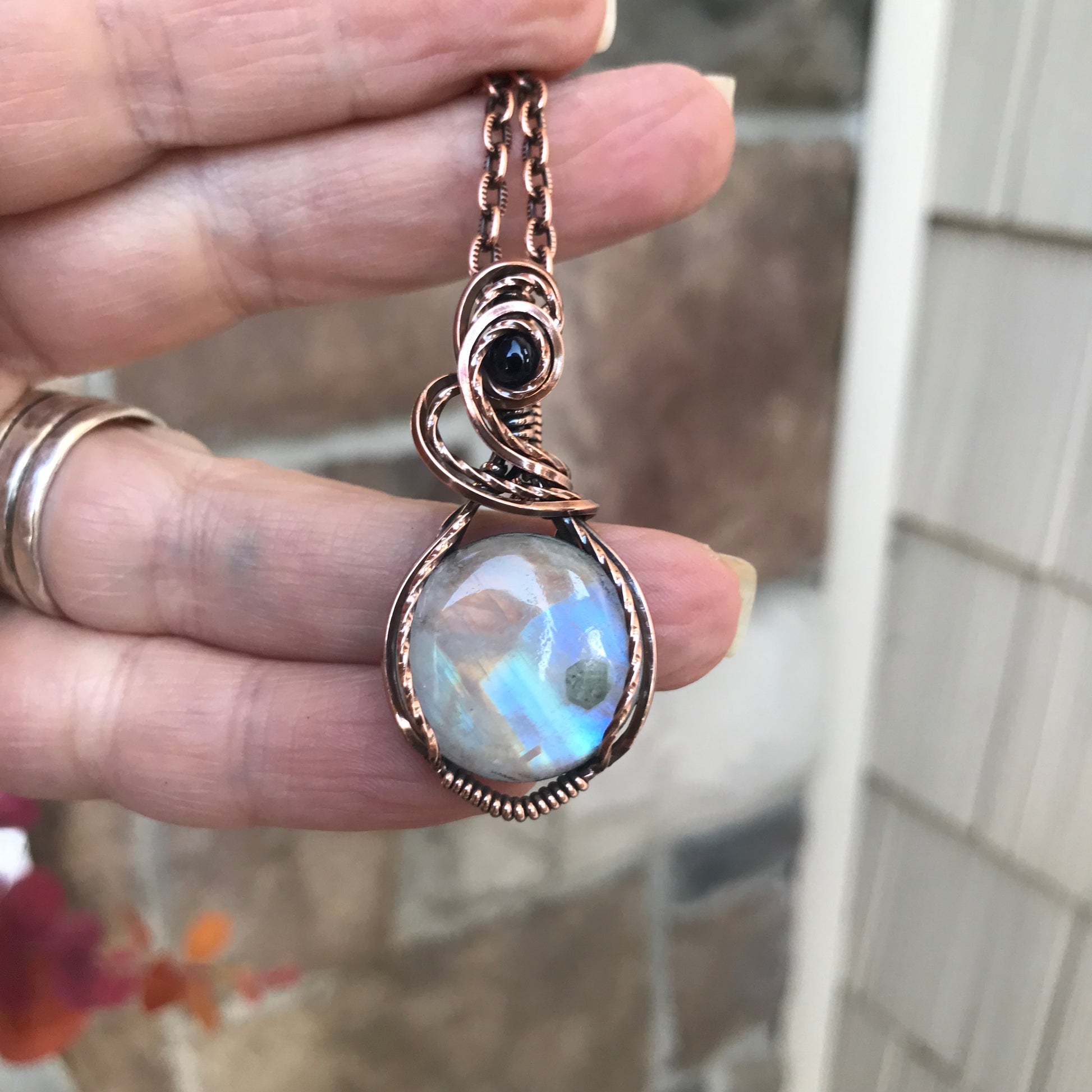 Rainbow Moonstone & Iolite Copper Pendant
