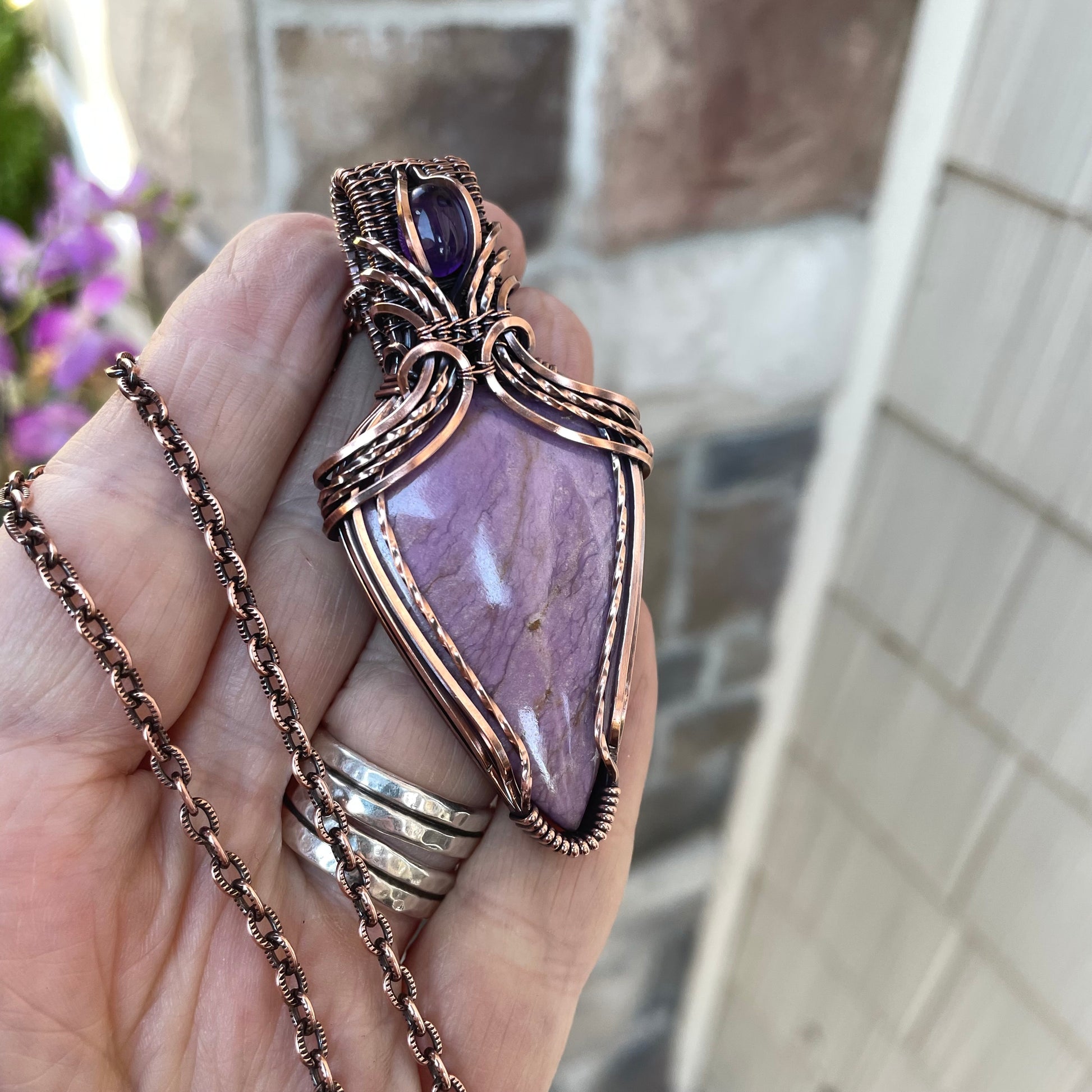 Phosphosiderite & Amethyst Copper Pendant with Weaving