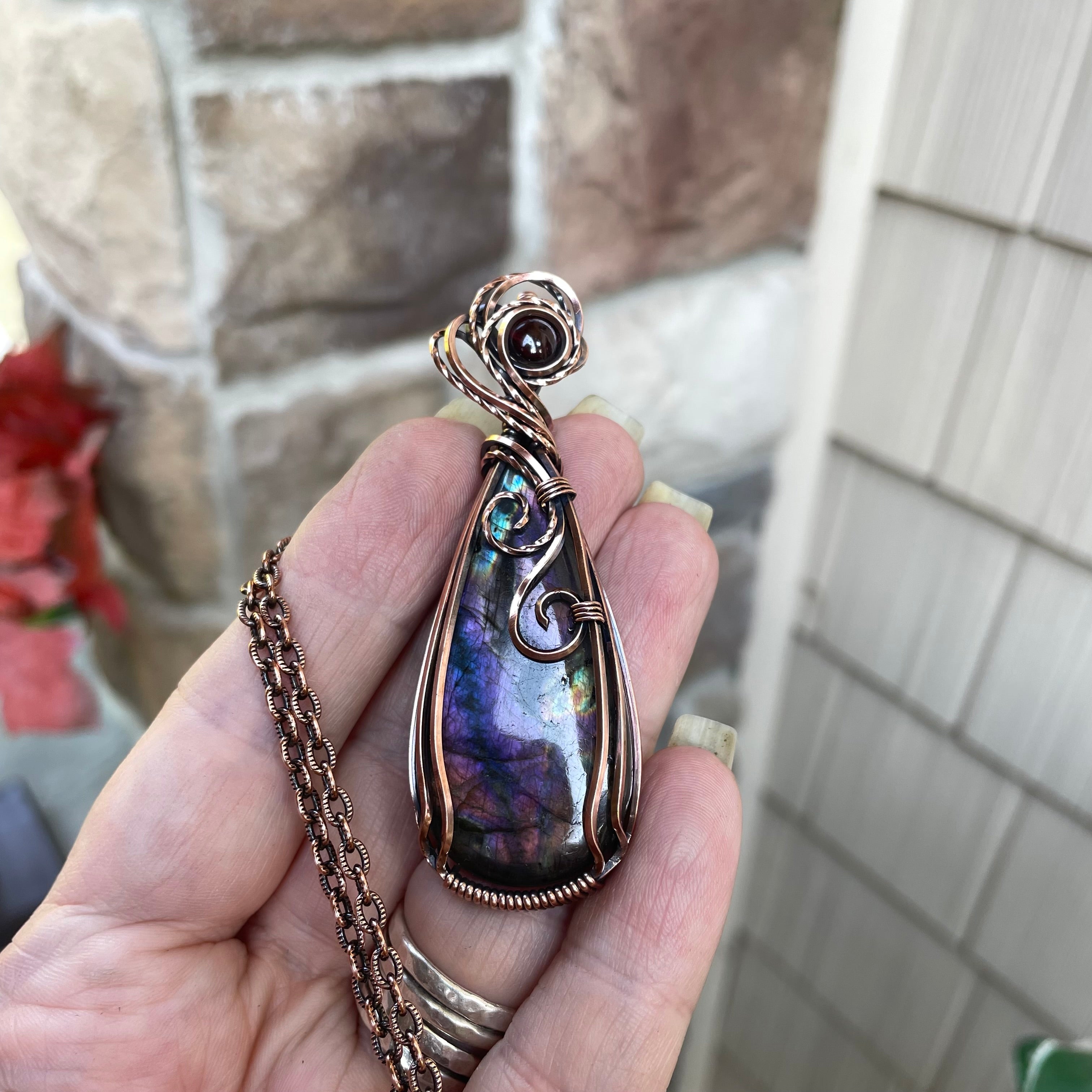 Purple Orange Labradorite & Garnet Copper Pendant