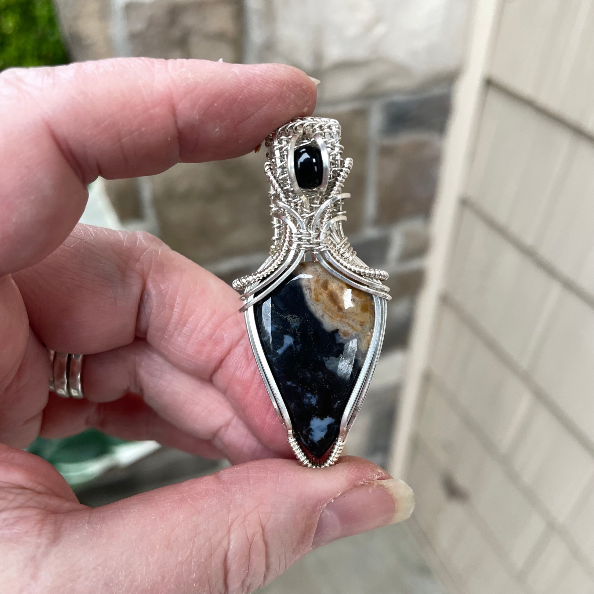 CUSTOM - Petrified Palm Root Agate & Onyx Silver Necklace