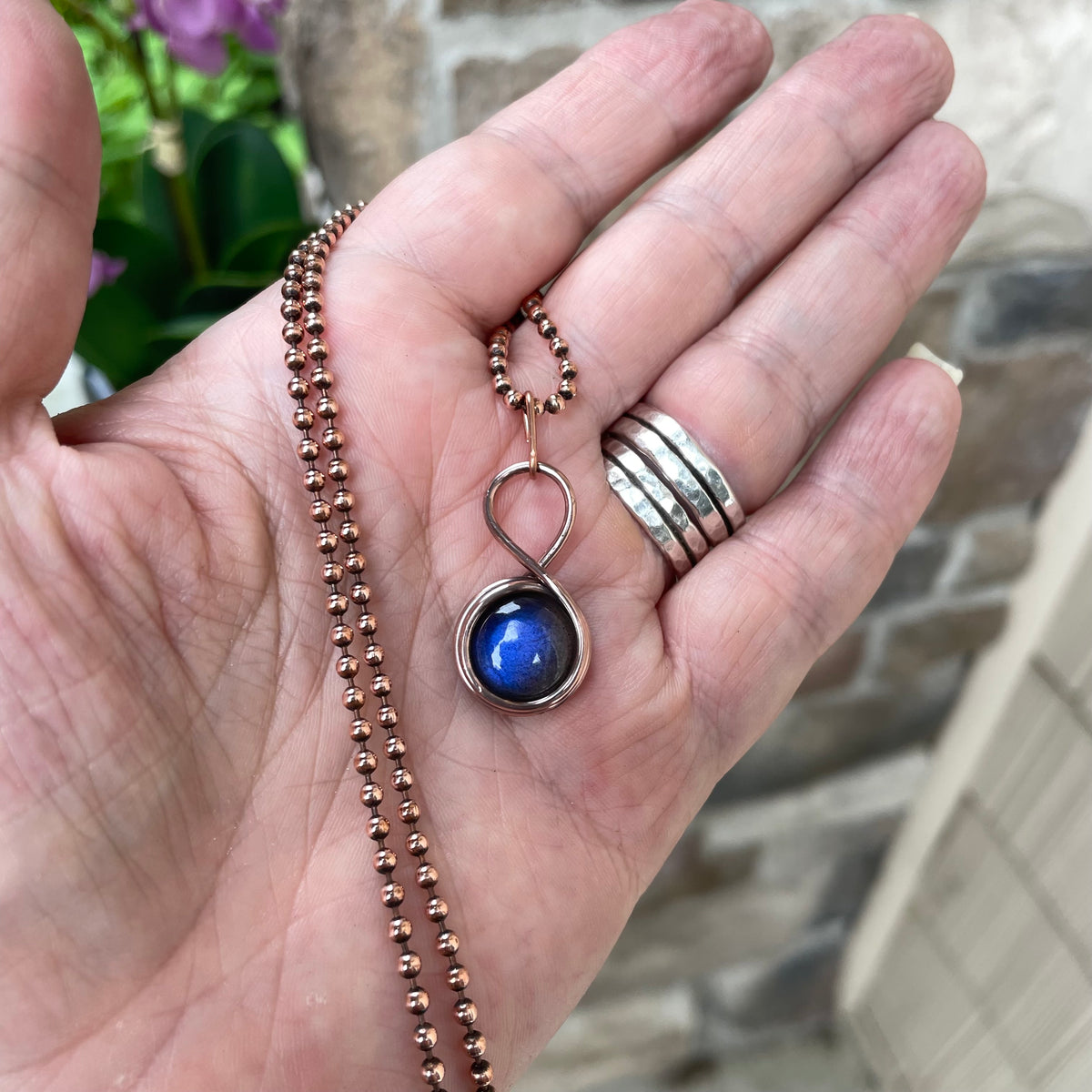 Blue Labradorite Round Mini Copper Pendant