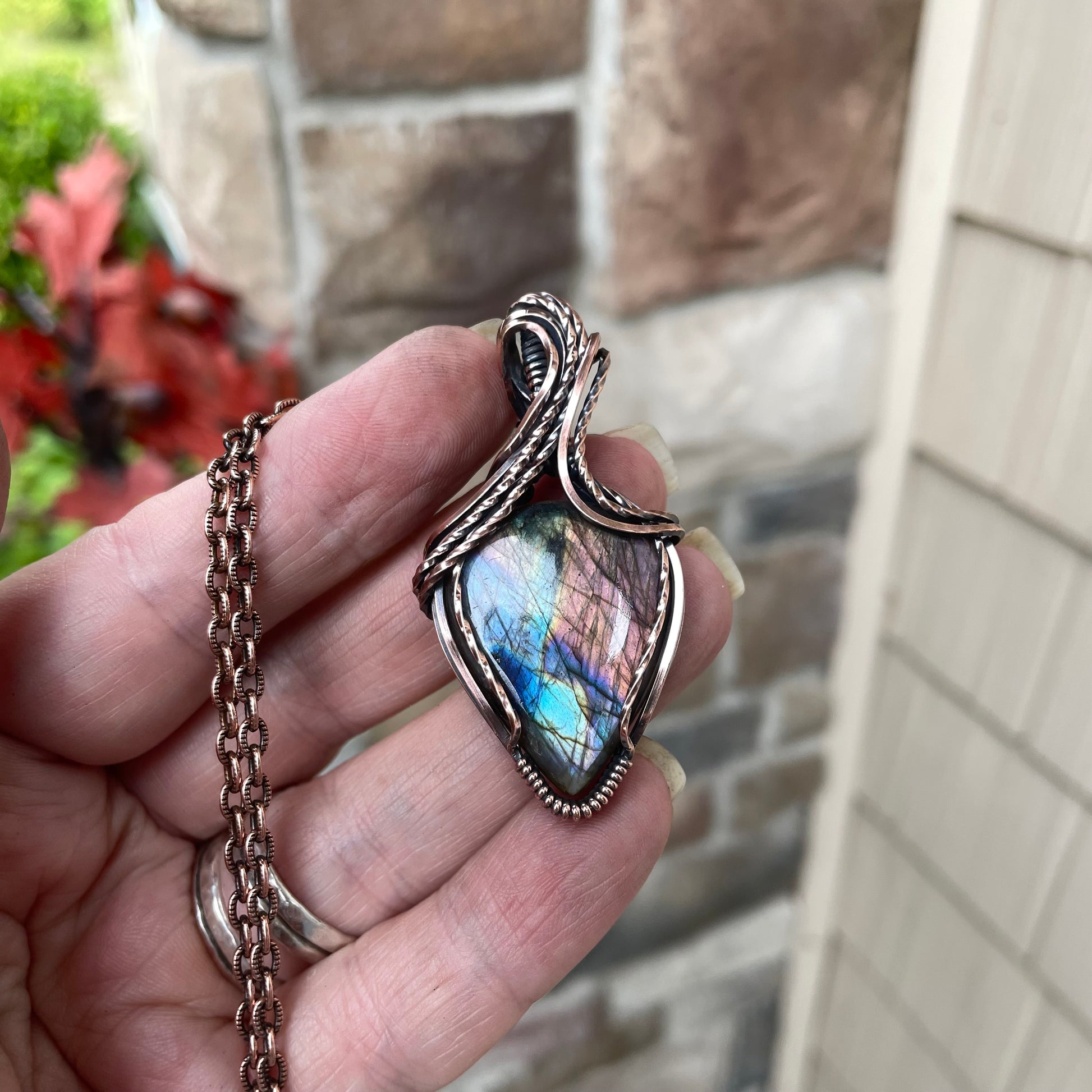Teal Amber Blue Labradorite Copper Necklace
