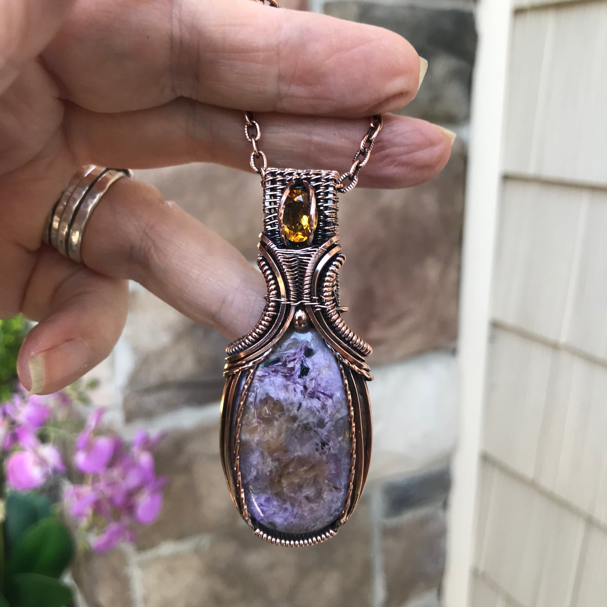 Charoite & Citrine Copper Pendant with Weaving