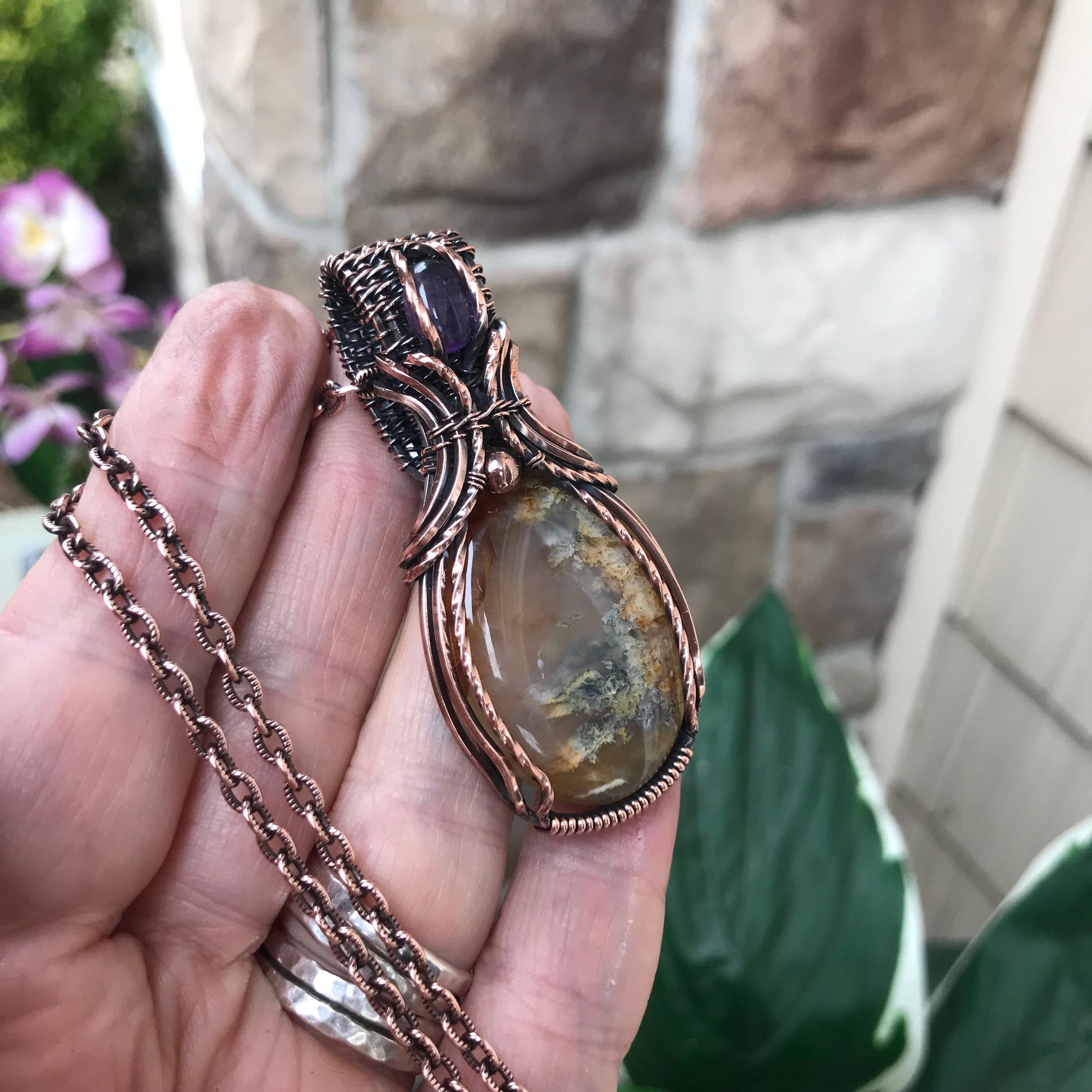 CUSTOM LISTING - Graveyard Point Plume Agate & Amethyst Copper Pendant