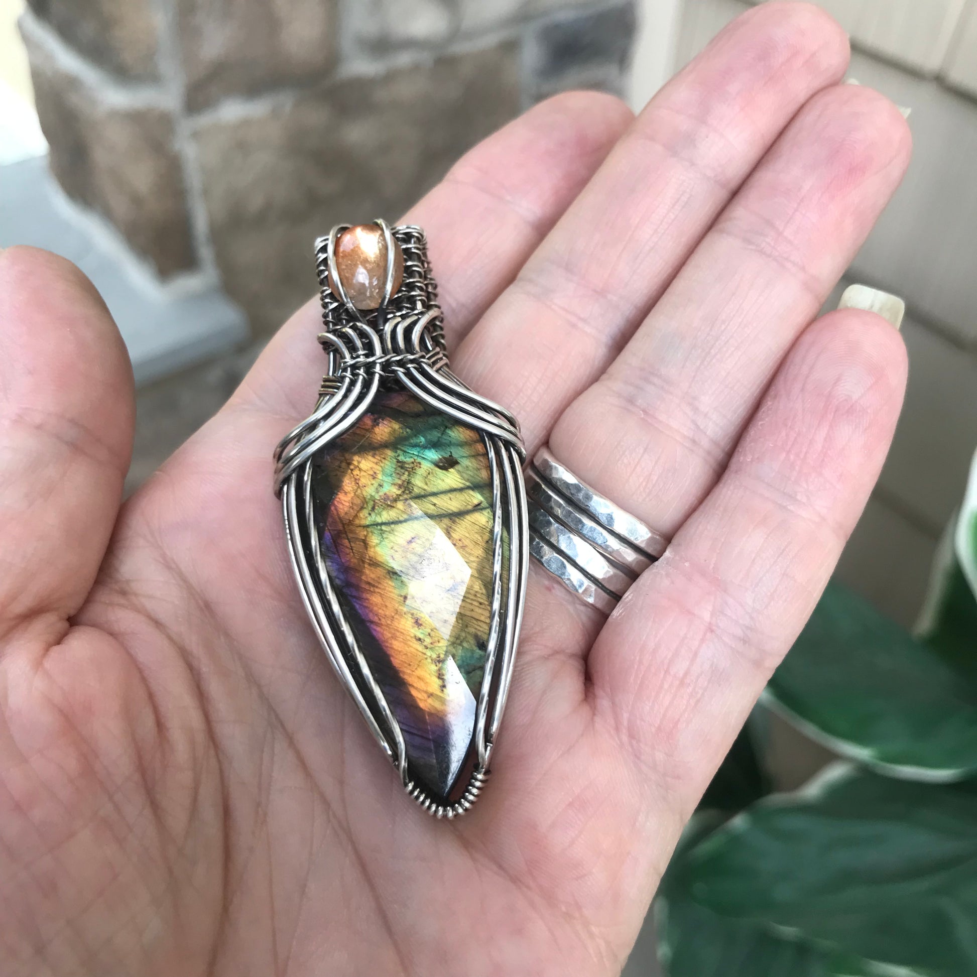 Rainbow Labradorite & Sunstone Silver Pendant