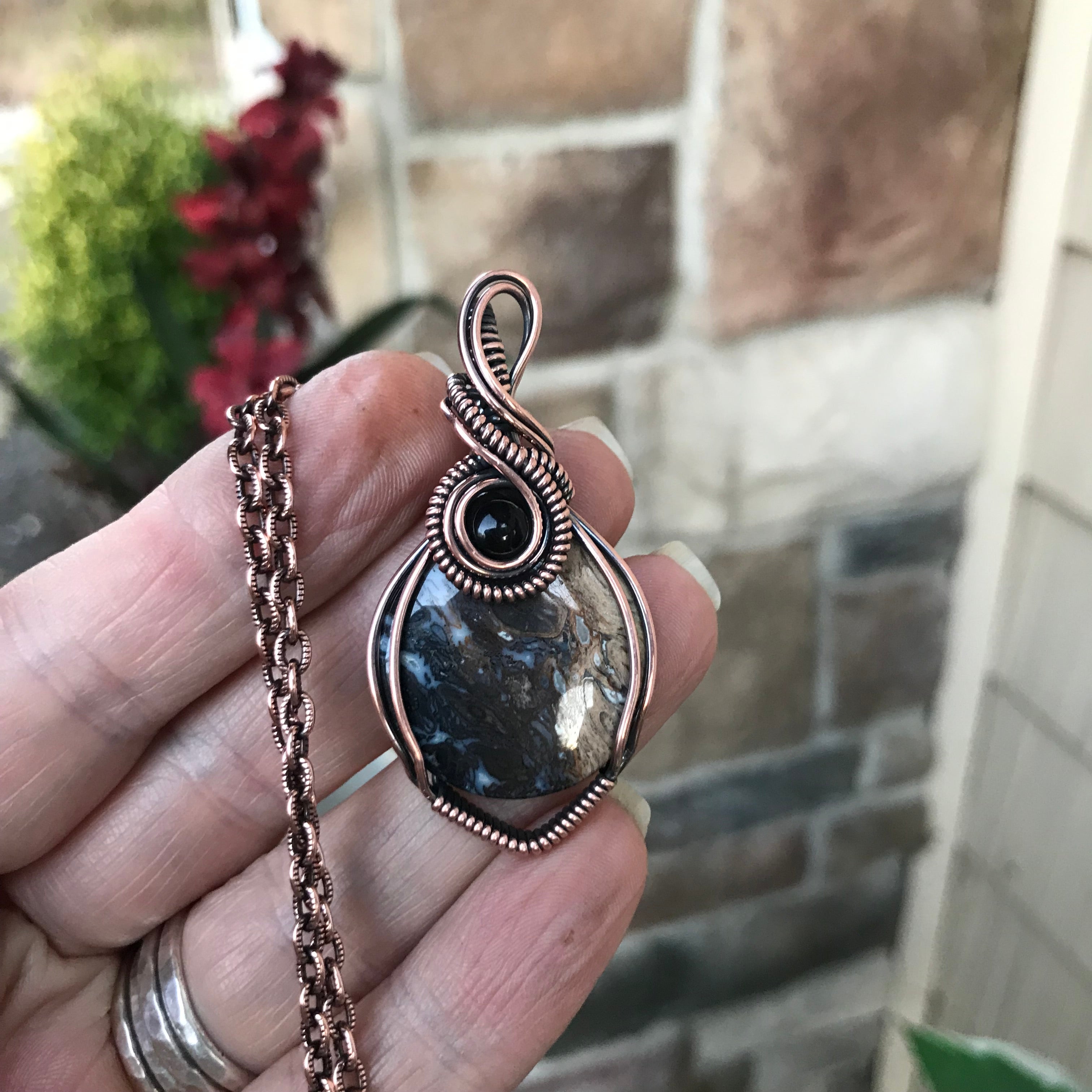 Petrified Palm Wood & Smoky Quartz Round Copper Necklace