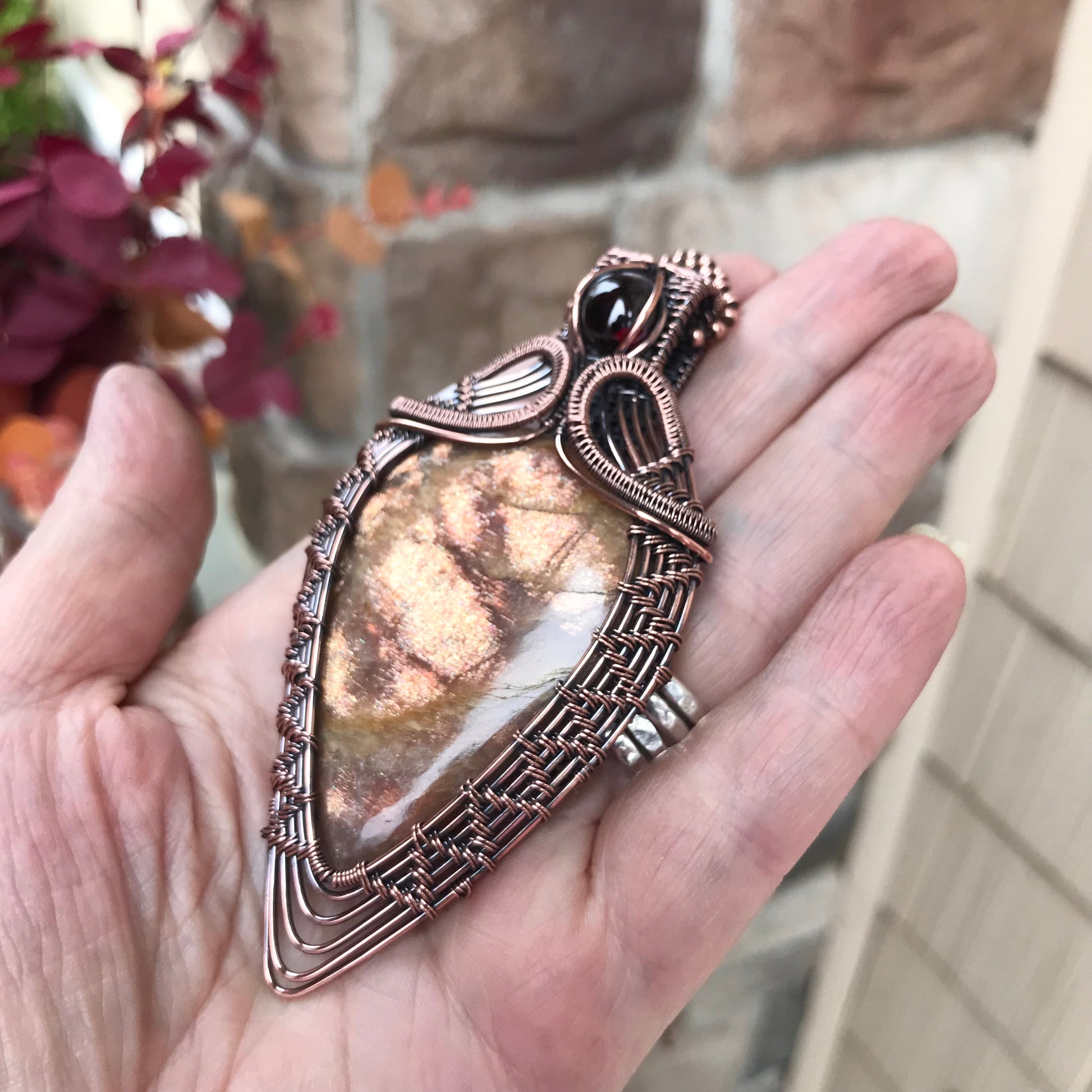 Sunstone & Garnet Woven Copper Pendant