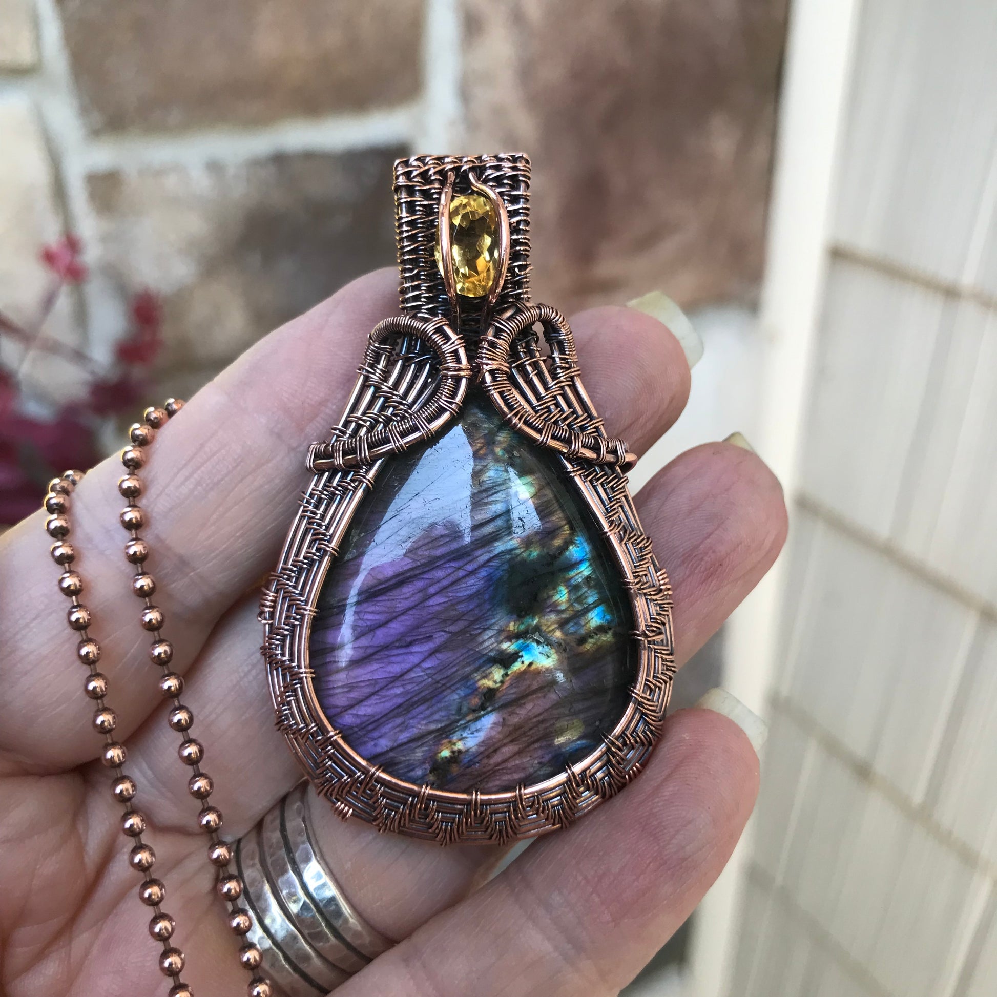 Purple Amber Labradorite & Honey Citrine Copper Woven Pendant