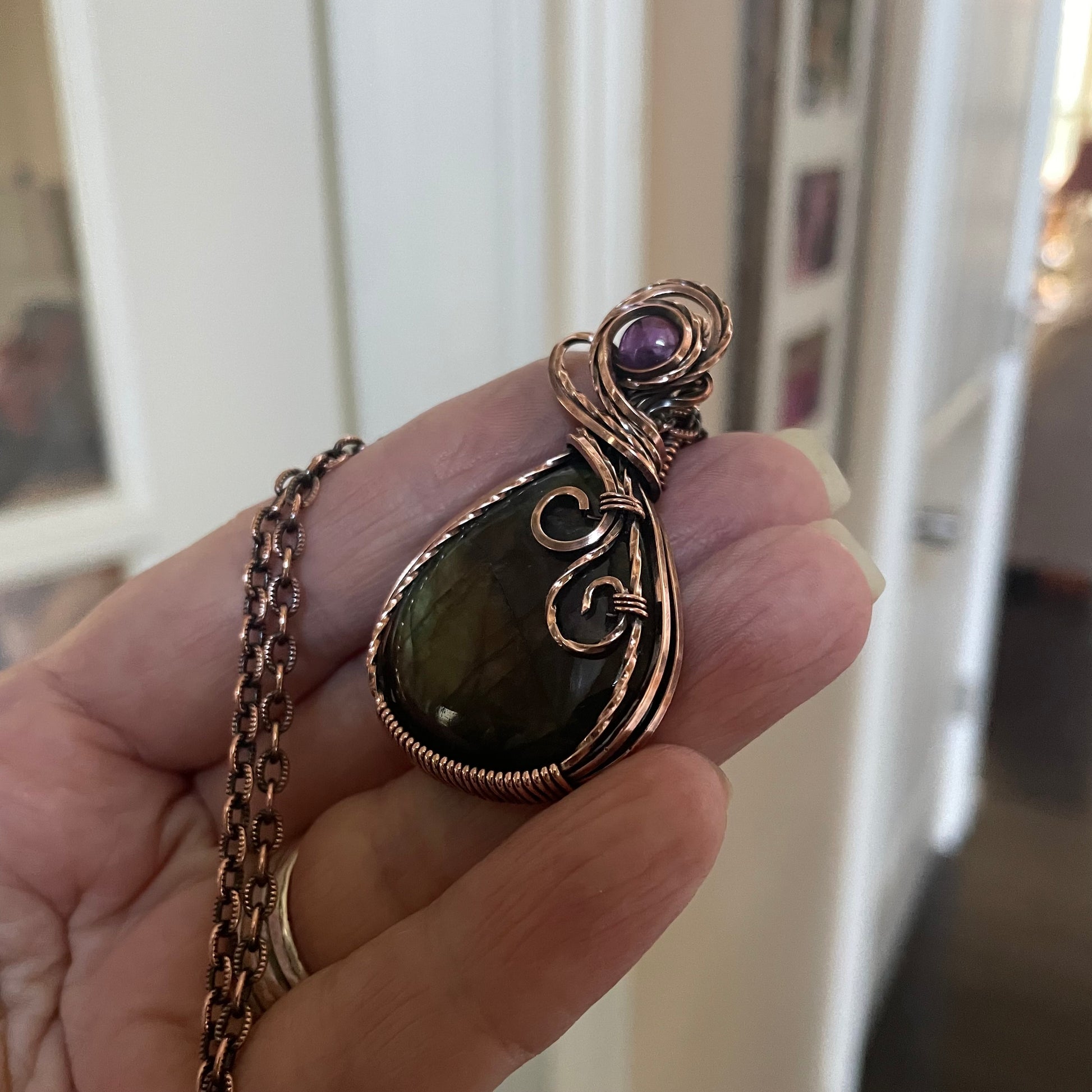 Rainbow Labradorite & Amethyst  Copper Pendant