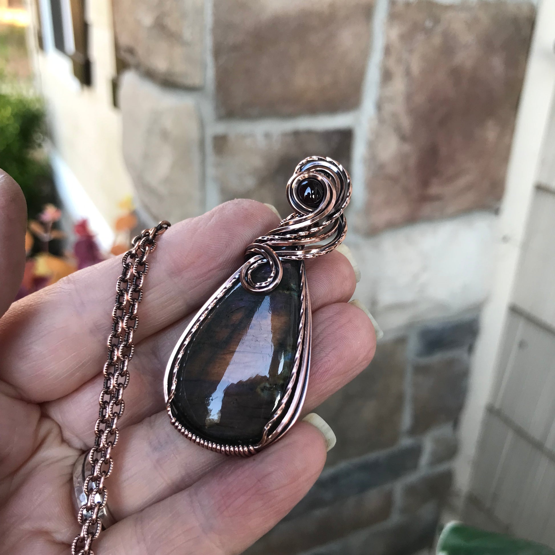 Burgundy Labradorite & Garnet Swirly Copper Necklace