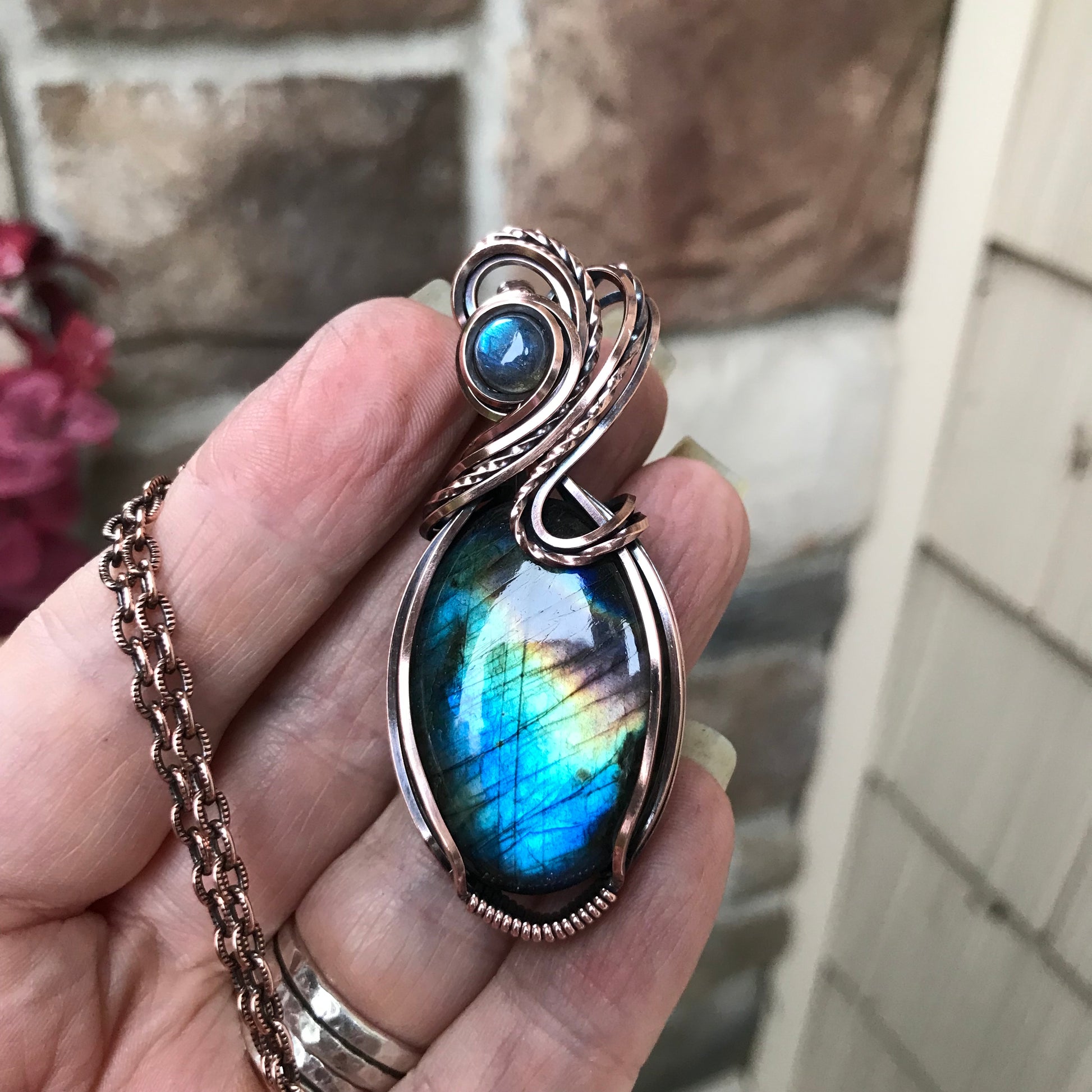 Blue Rainbow Oval Labradorite Copper Pendant