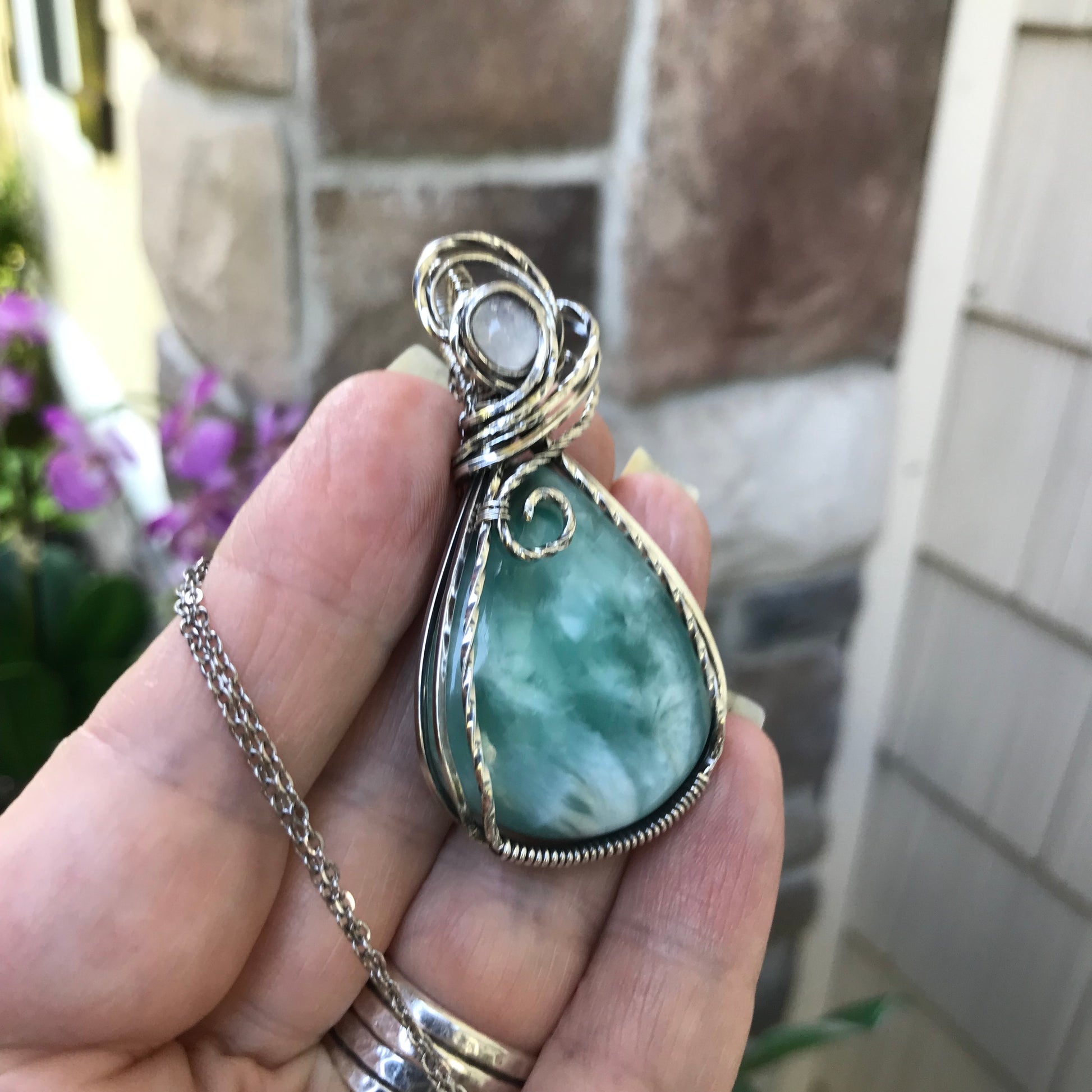 Hemimorphite & Moonstone Sterling Silver Pendant with Swirls