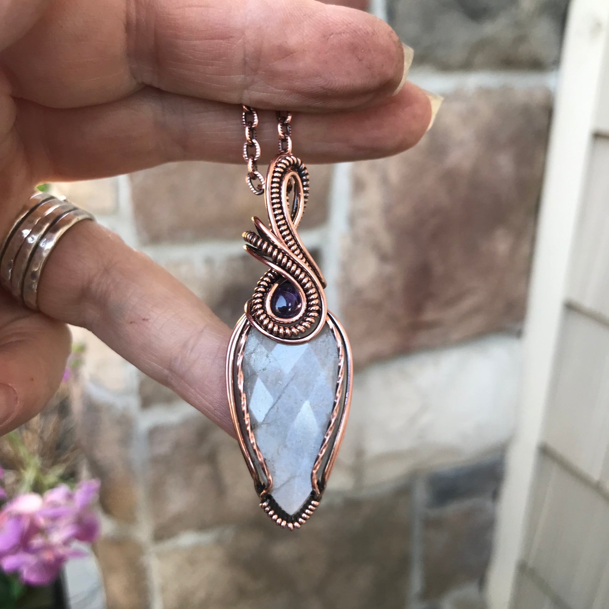 Gray Faceted Moonstone & Amethyst Copper Pendant