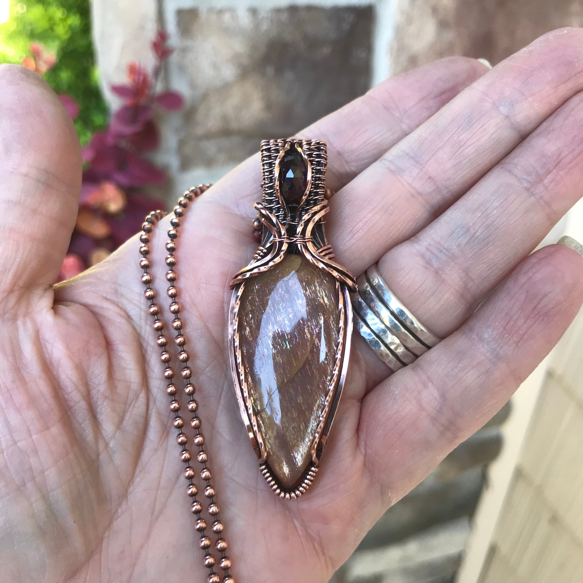 Sunstone & Garnet Copper Pendant