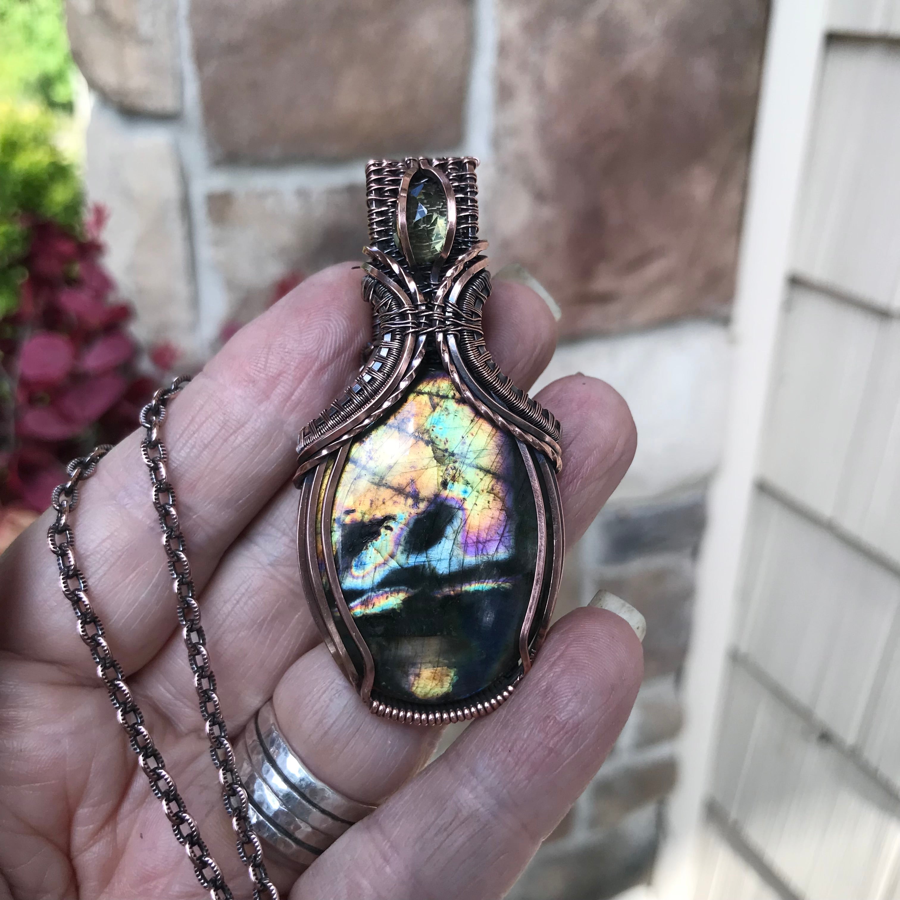 Yellow Orange Labradorite & Lemon Quartz Oval Copper Necklace with Weaving