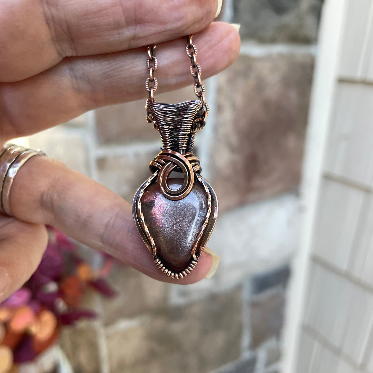 Moonstone Sunstone Teardrop Copper Pendant