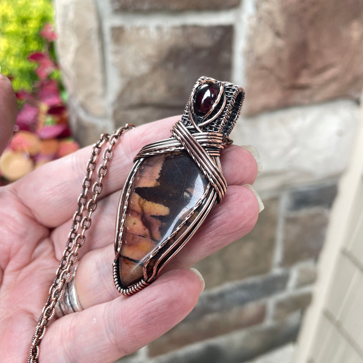 Biggs Jasper & Garnet Copper Pendant with Weaving