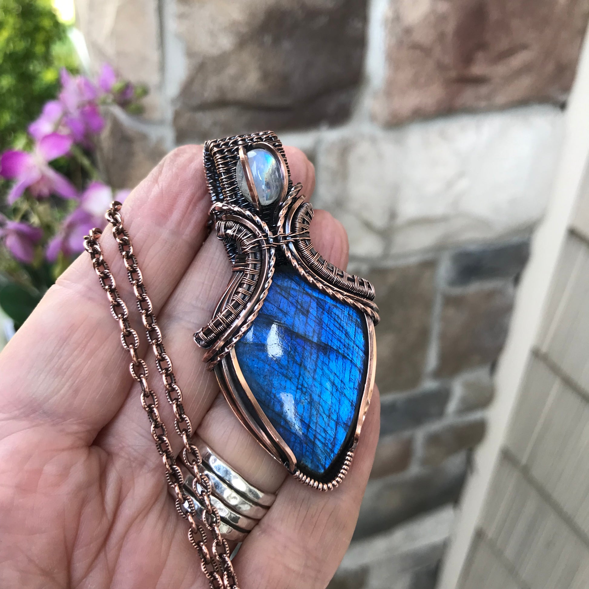 Blue Labradorite & Moonstone Copper Pendant with Weaving