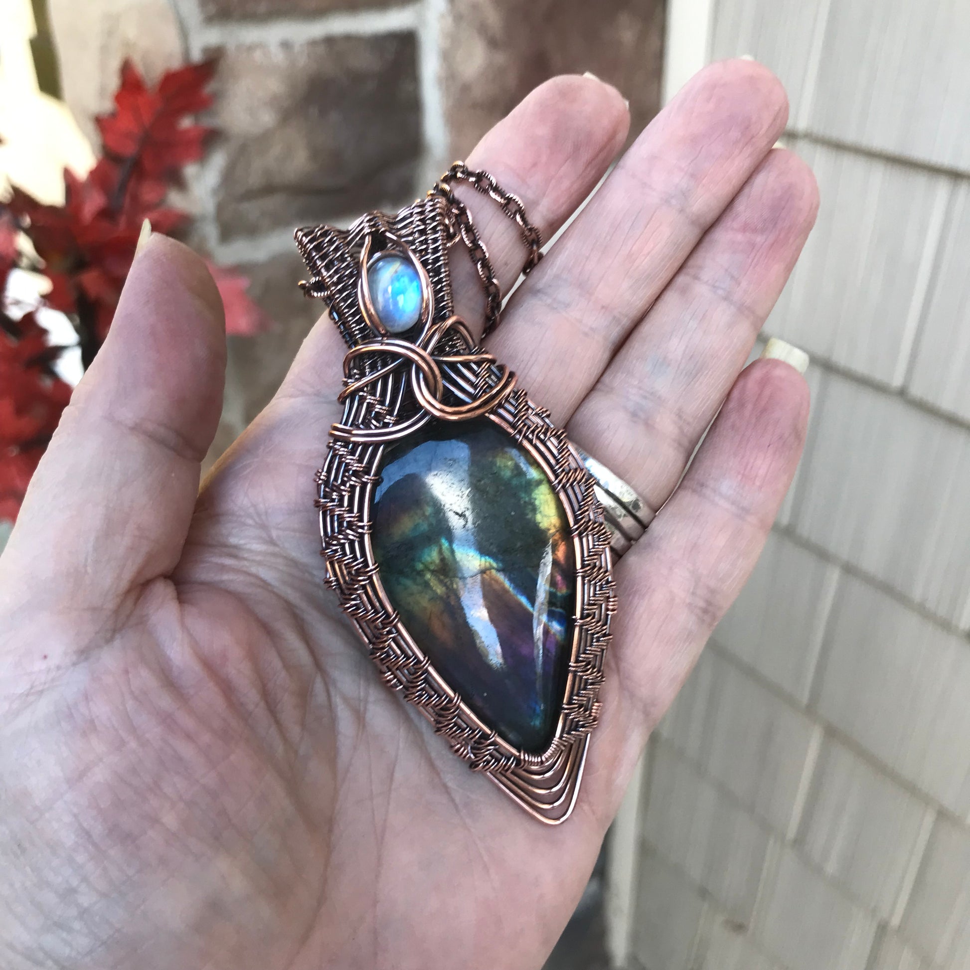 Rainbow Labradorite & Moonstone Copper Wire Weave Pendant
