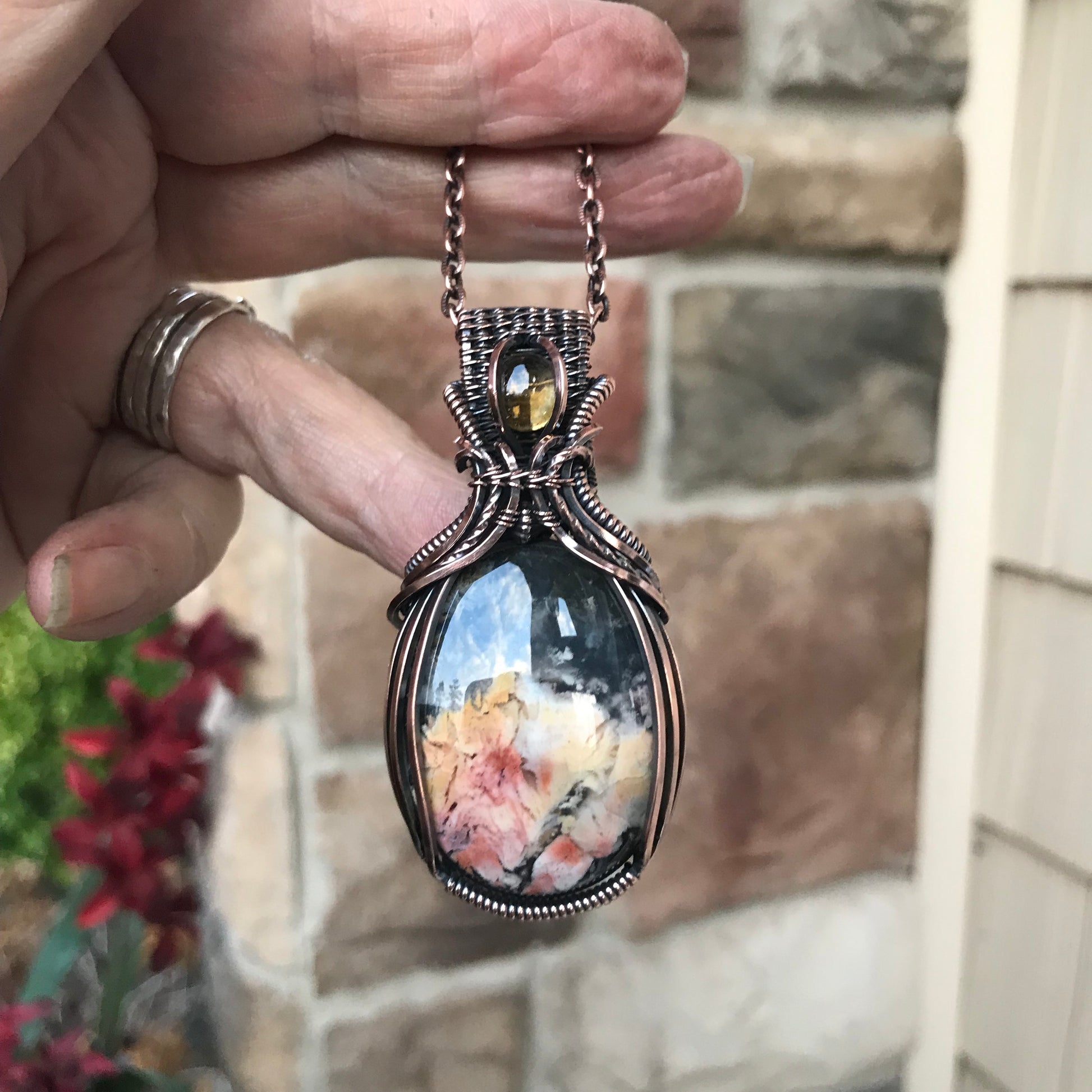 Feather Ridge Plume Agate & Citrine Copper Pendant with Weaving
