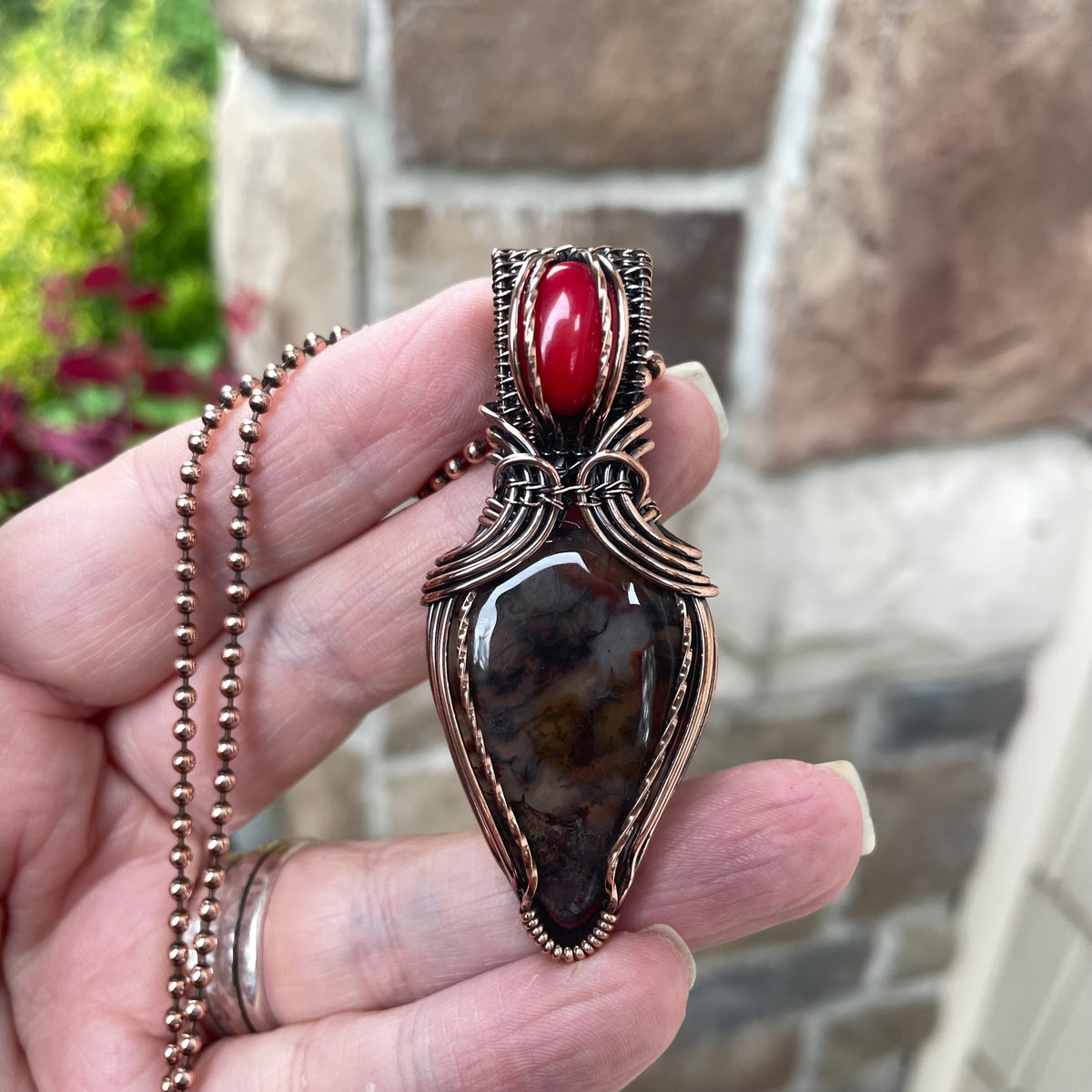 Red Moss Agate & Coral Copper Pendant with Weaving