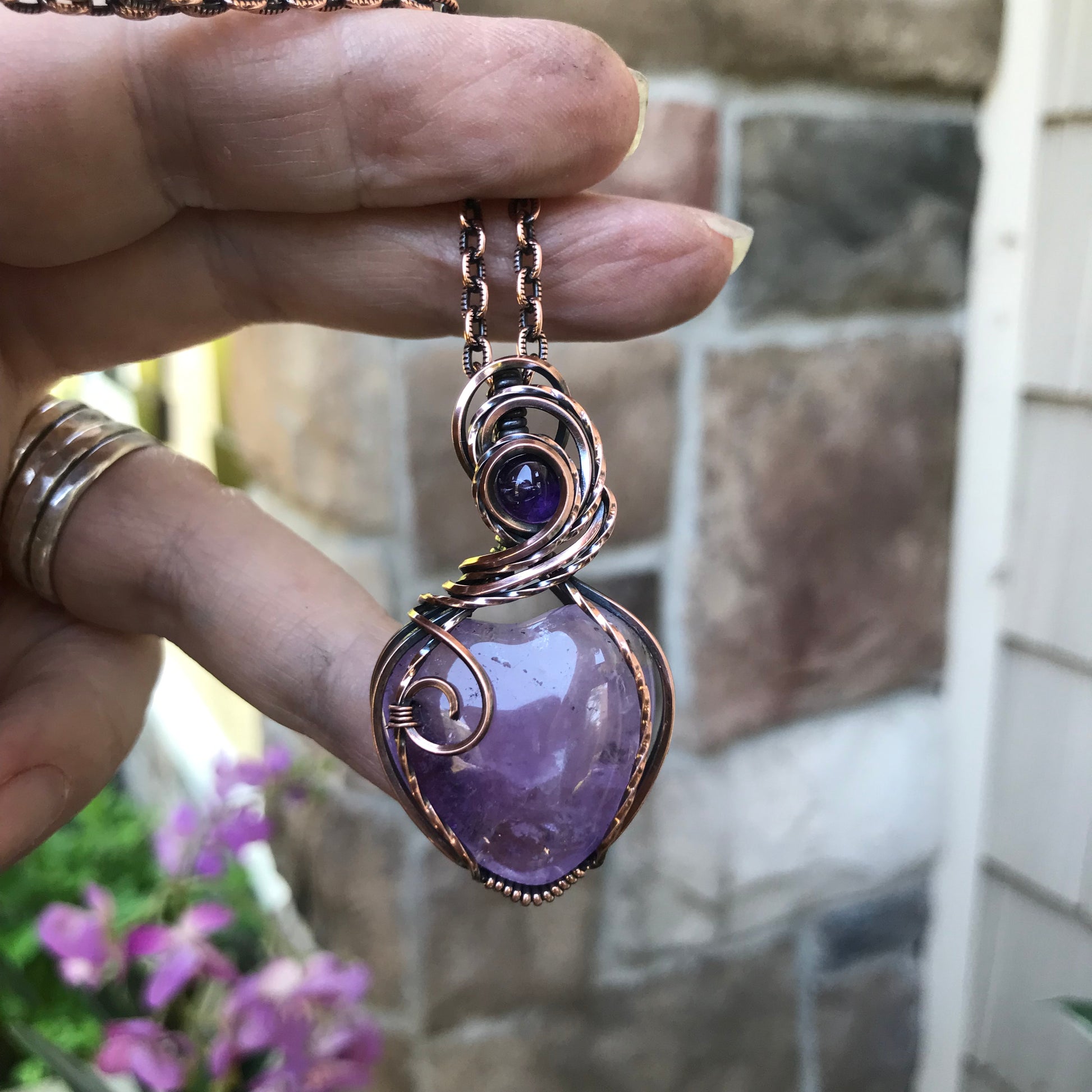 Amethyst Heart with Amethyst Accent Copper Pendant