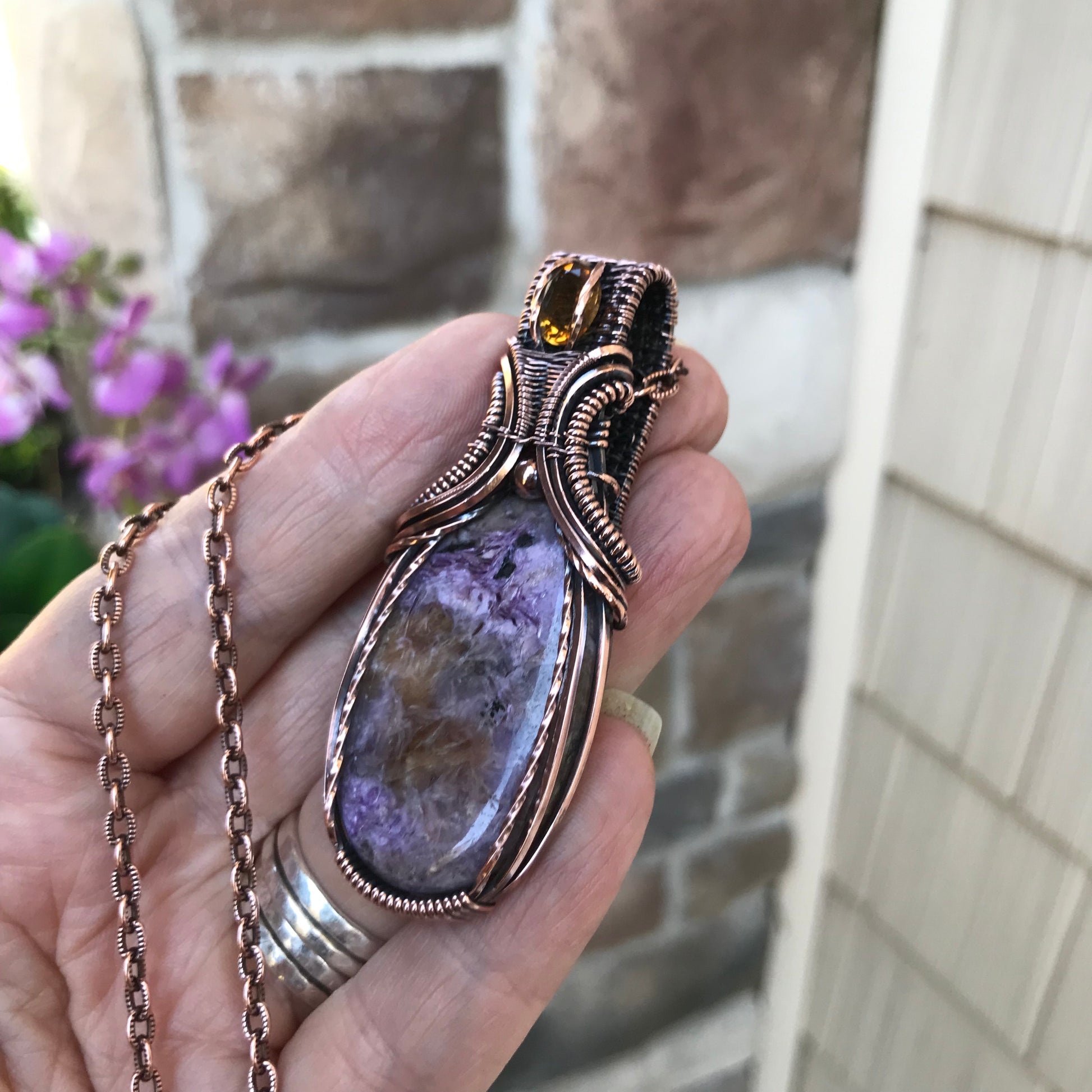 Charoite & Citrine Copper Pendant with Weaving