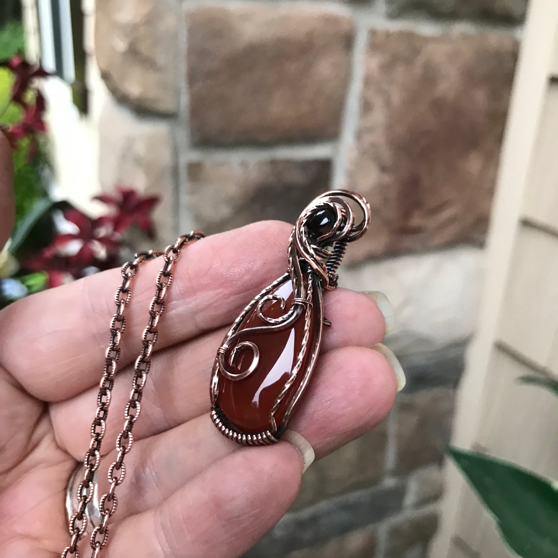 Carnelian & Smoky Quartz Teardrop Copper Pendant