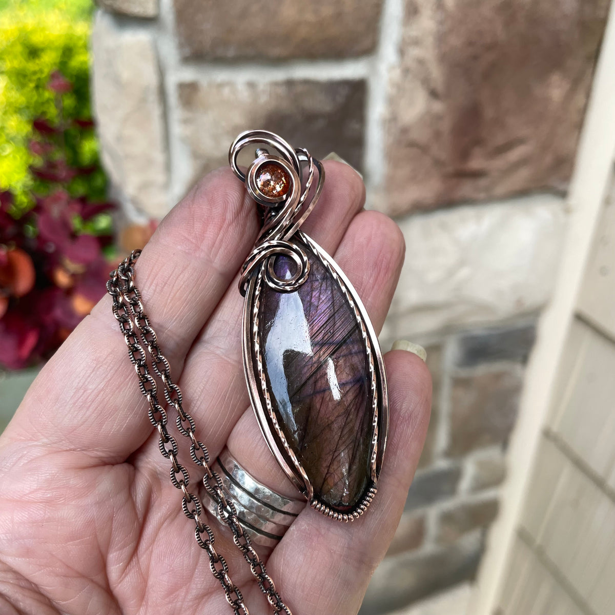 Purple Amber Labradorite & Sunstone Slender Copper Pendant