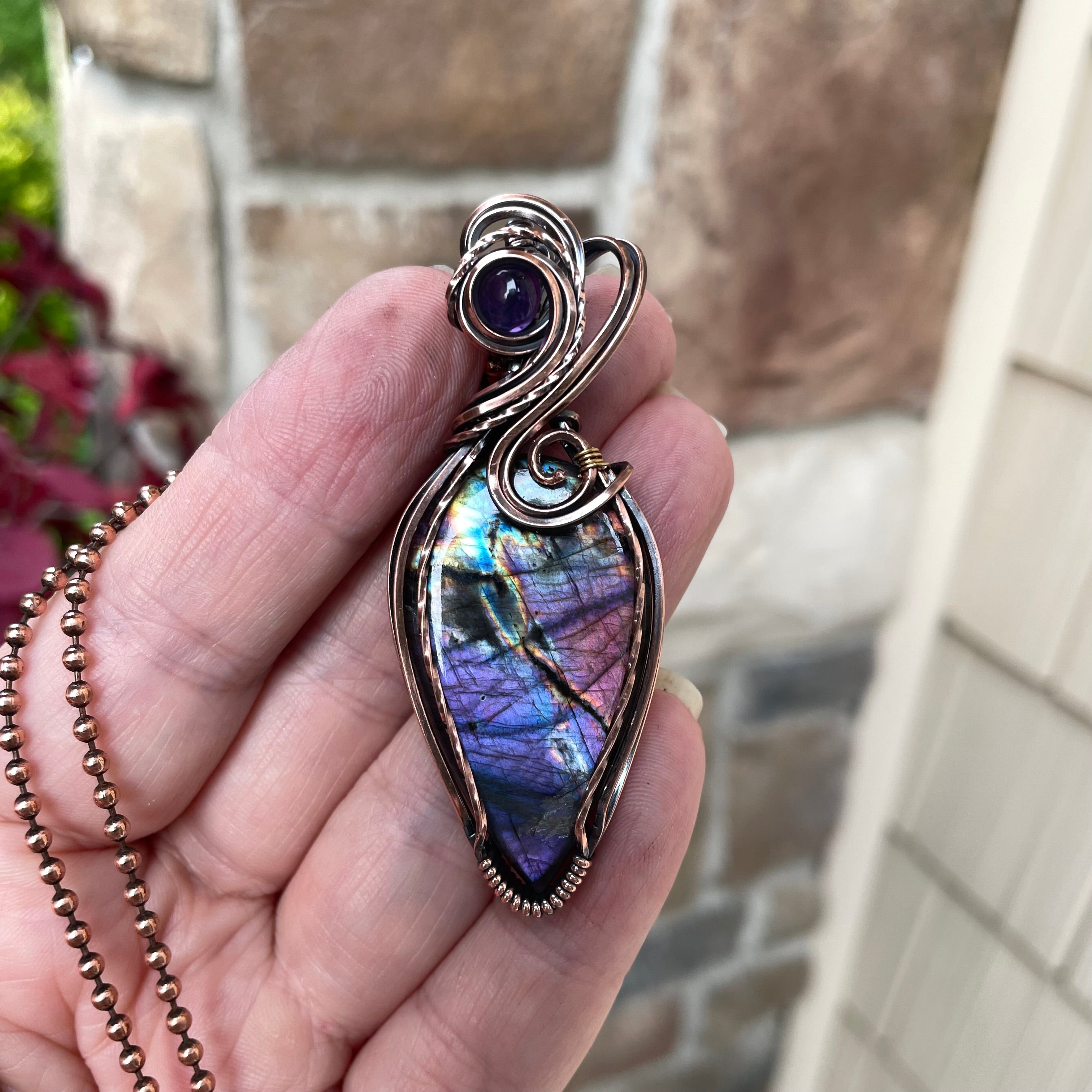 Purple Rainbow Labradorite & Amethyst Swirly Copper Pendant