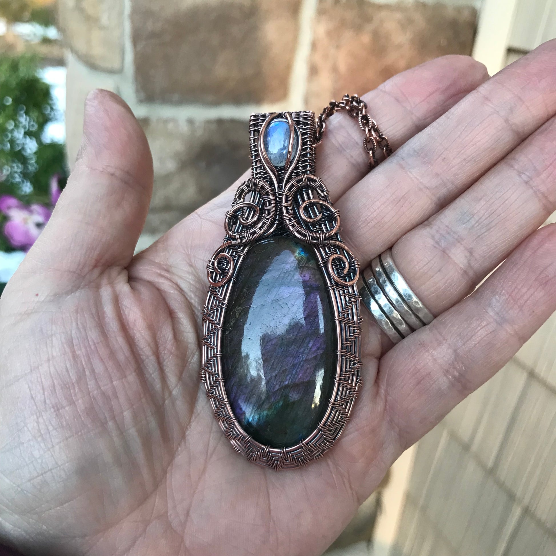 Purple Labradorite & Moonstone Oval Woven Copper Pendant