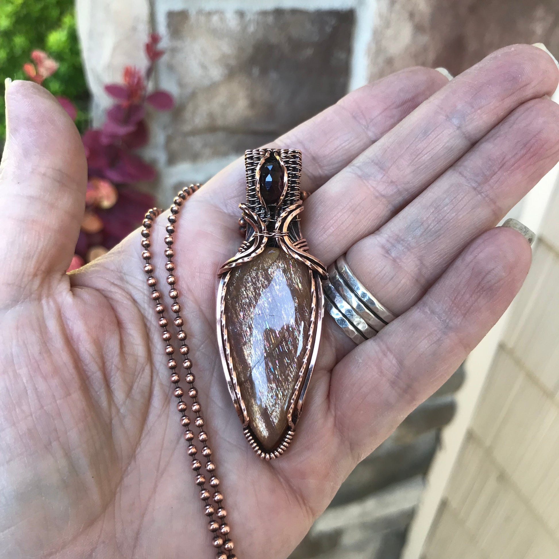 Sunstone & Garnet Copper Pendant