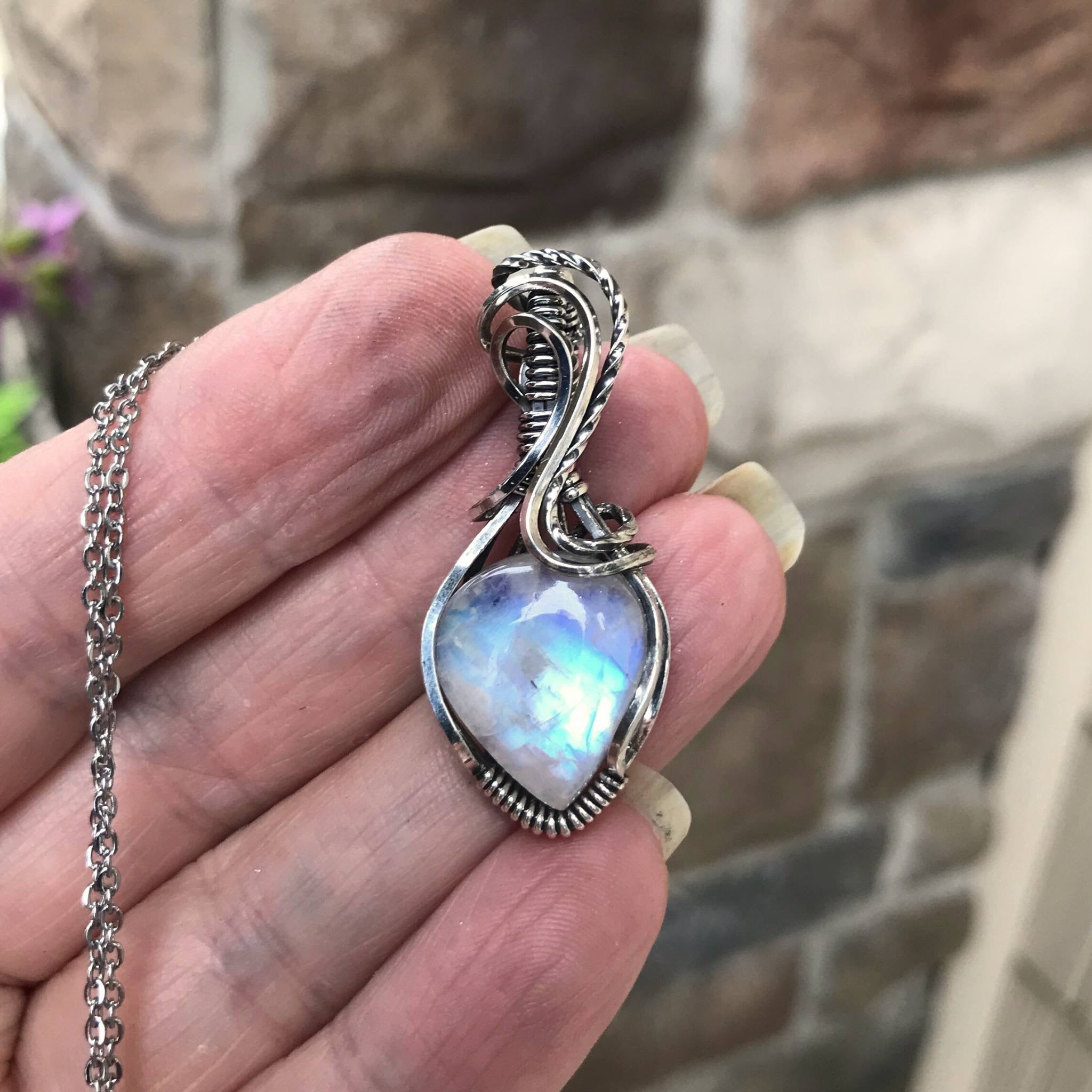 Ranbow moonstone silver wire wrapped pendant by Moonlet Jewelry