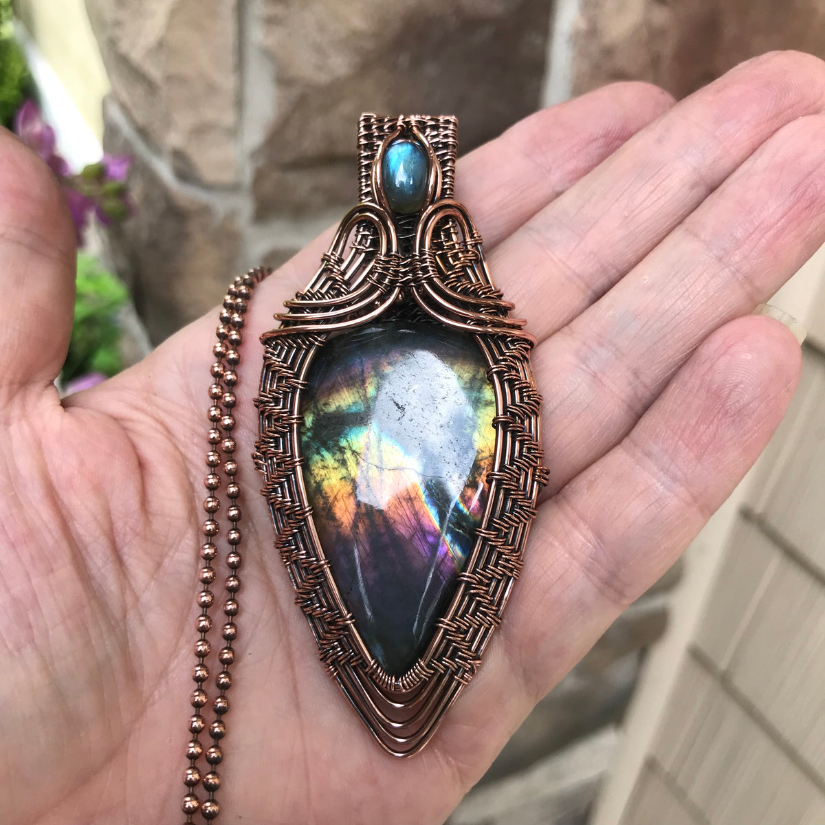 Rainbow Labradorite Statement Woven Pendant